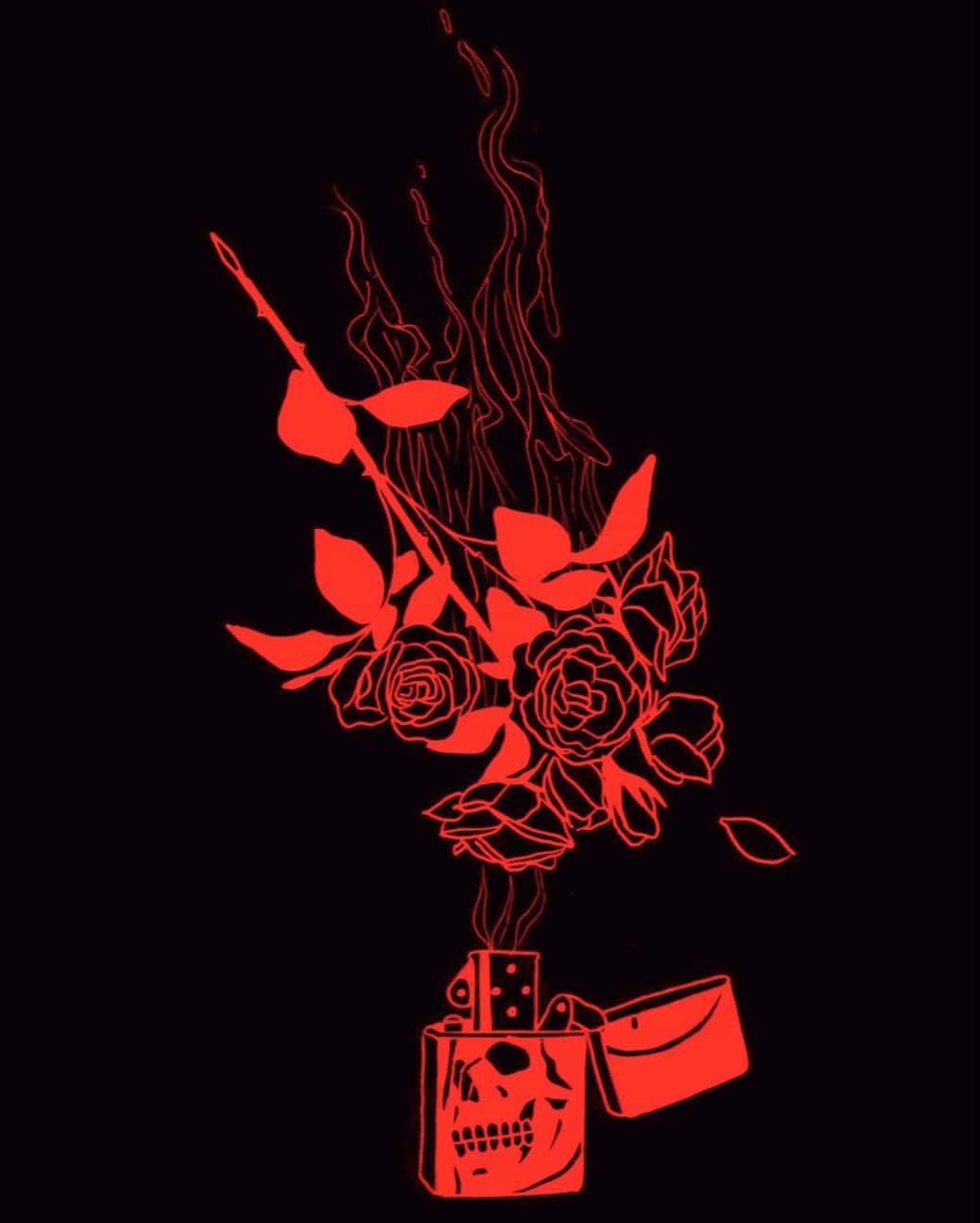 A red lighter with a skull on it is lit and smoke is coming out of it. There are roses and a branch above it. - Dark red