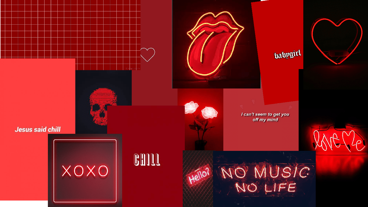 A red aesthetic collage with neon signs, quotes, and other elements. - Dark red, red, collage