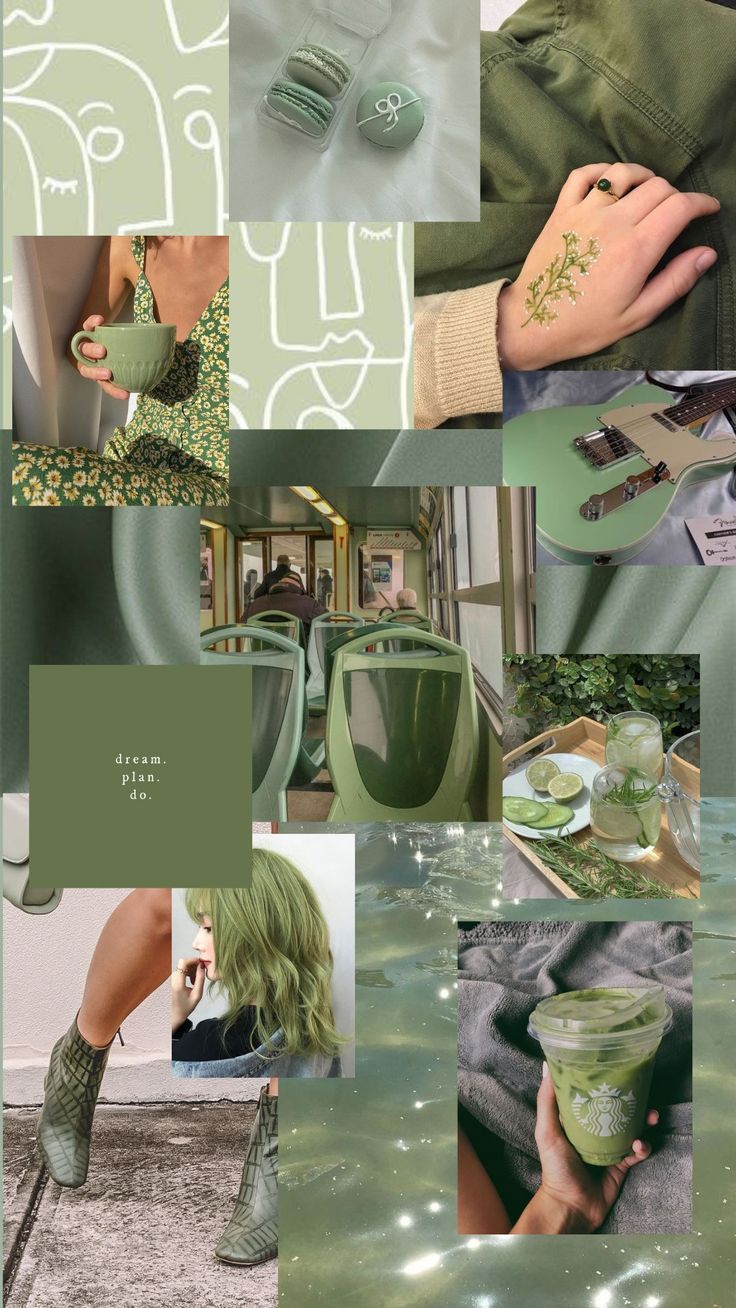 A collage of pictures with green and brown - Green