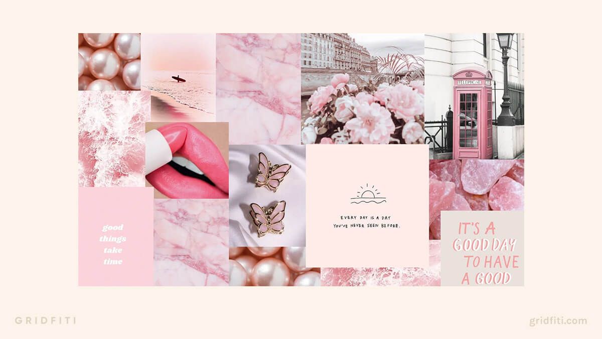 A pink aesthetic collage with images of lips, butterflies, flowers, and a phone booth. - Pink, pink collage