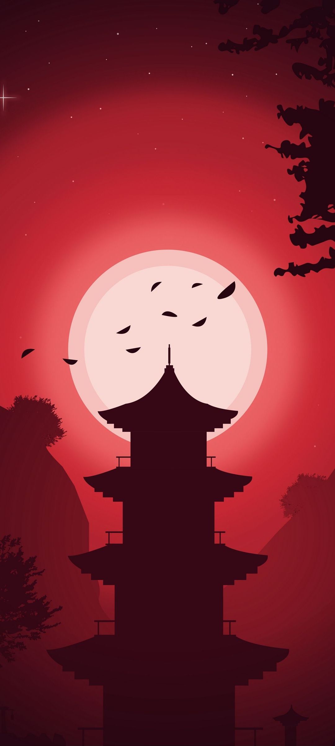 Red aesthetic wallpaper with a pagoda in front of a red moon - Horror