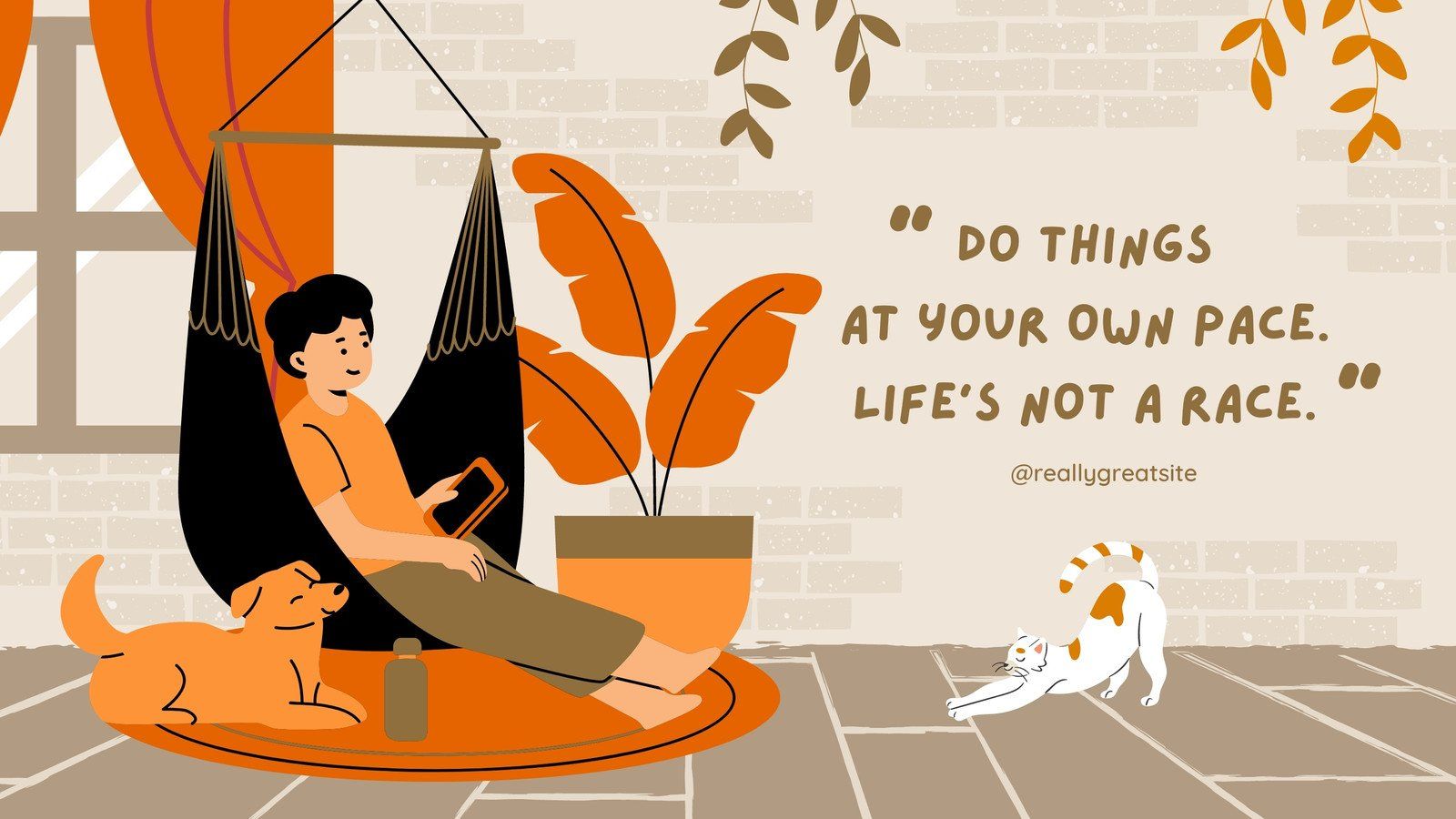 A woman sitting in her hammock with two cats - Orange, inspirational, pastel orange