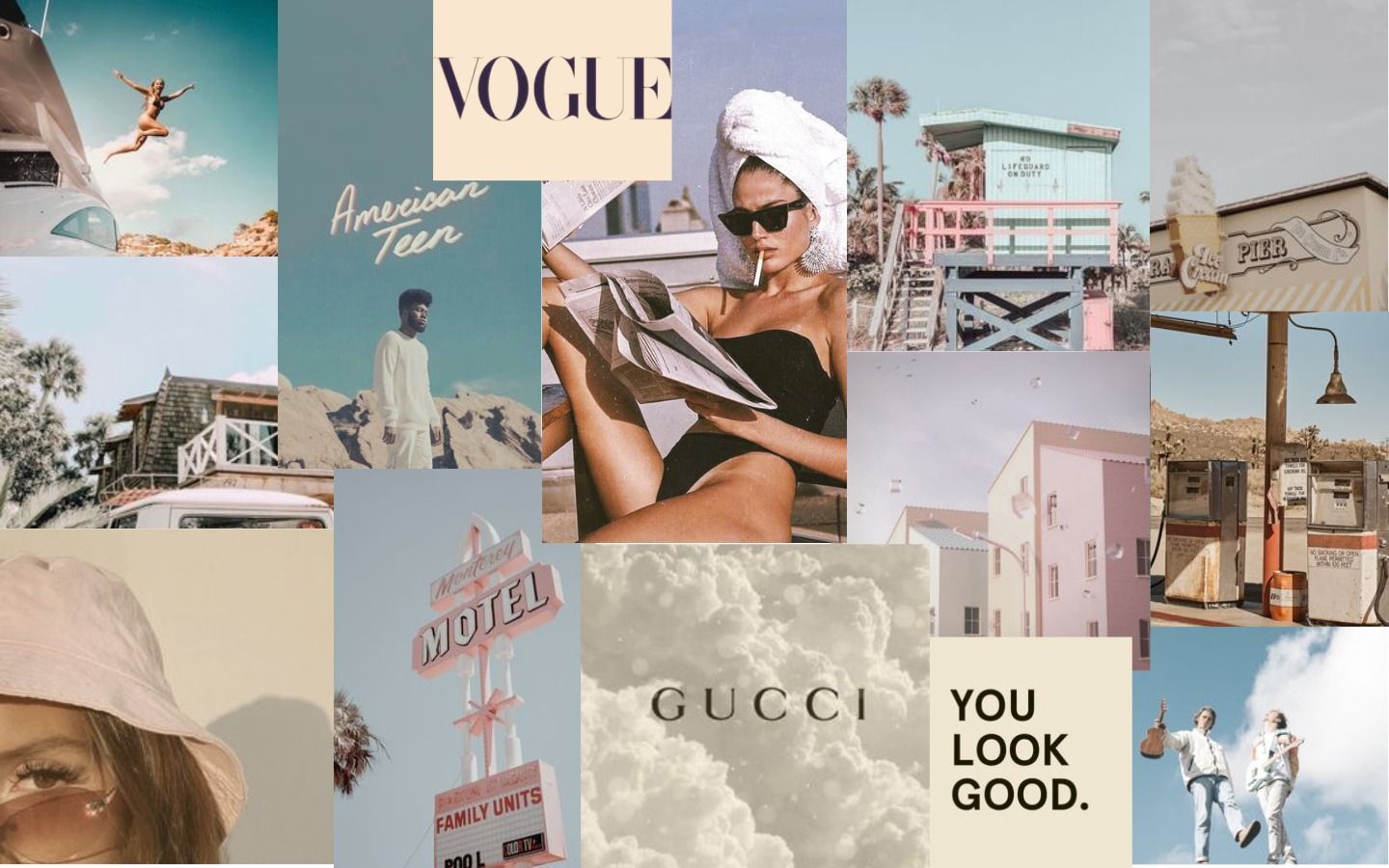 A collage of photos of a woman, a motel sign, a Vogue magazine, and a Gucci sign. - MacBook