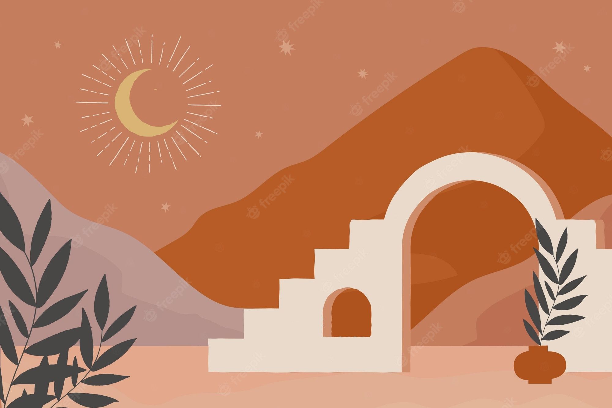 A desert scene with an archway, mountains, the moon and stars - Boho