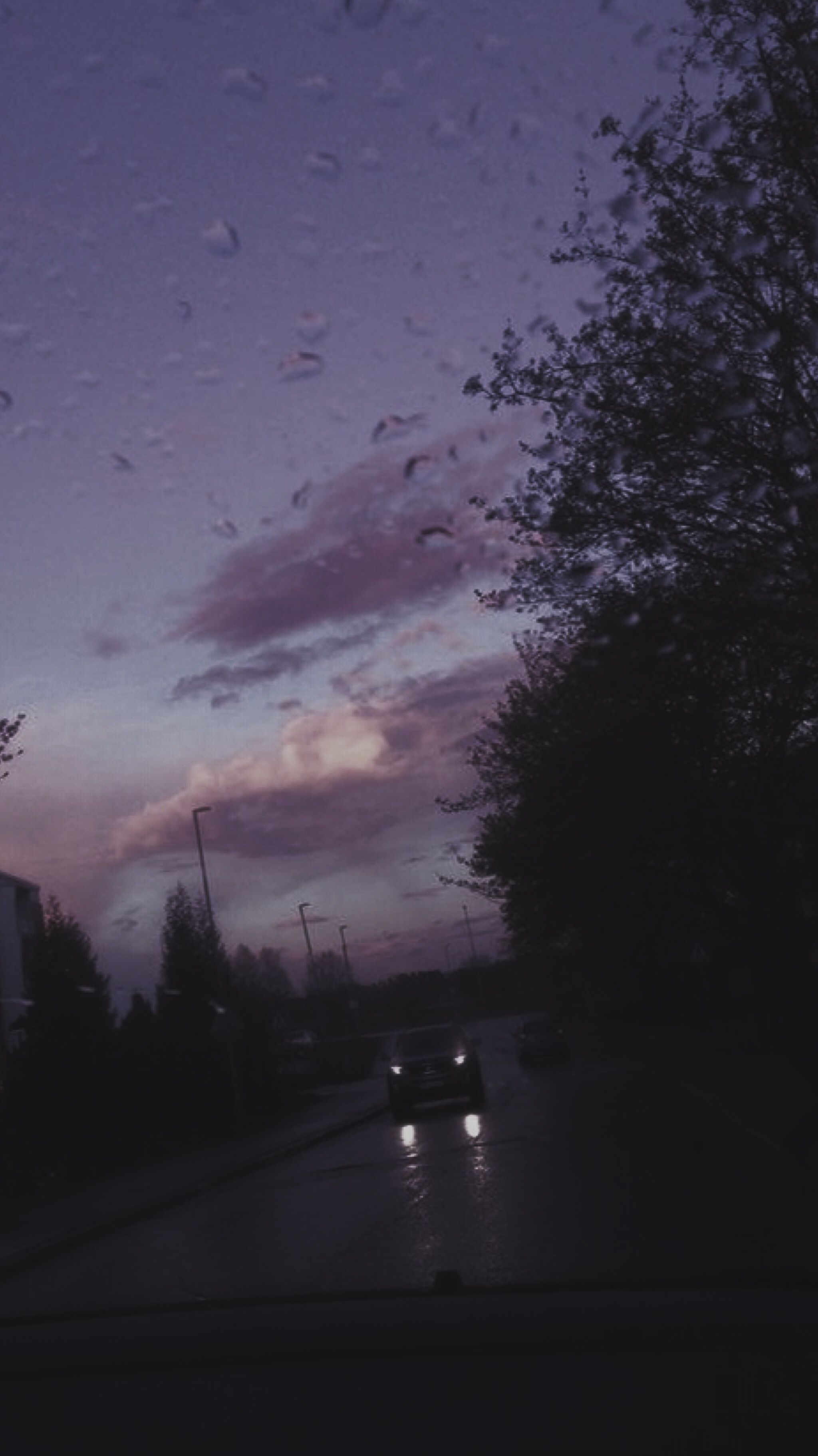 A car driving down a wet road at dusk. - Phone