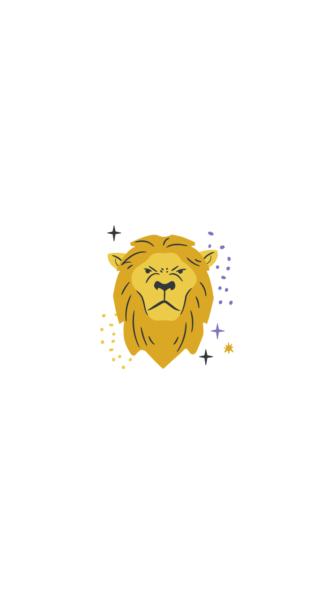 A lion head with a mane and small stars around it - Leo