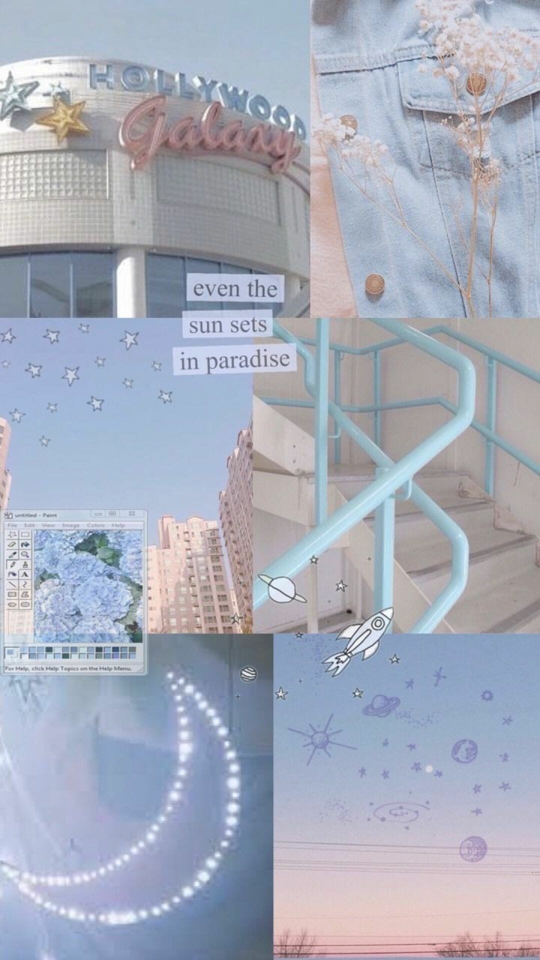 Aesthetic background with a collage of galaxy, sunsets, and city views - Pastel blue