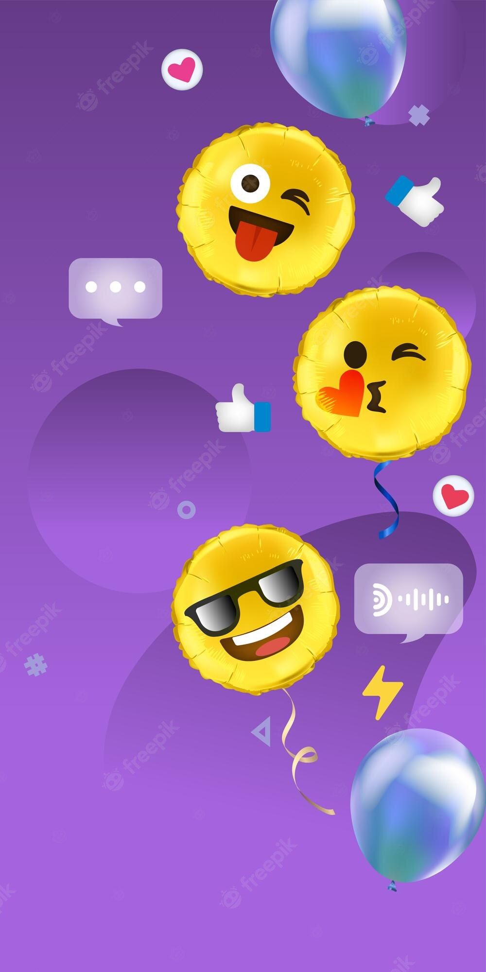 Emoticons with sunglasses and a tie, surrounded by speech bubbles and balloons - Emoji