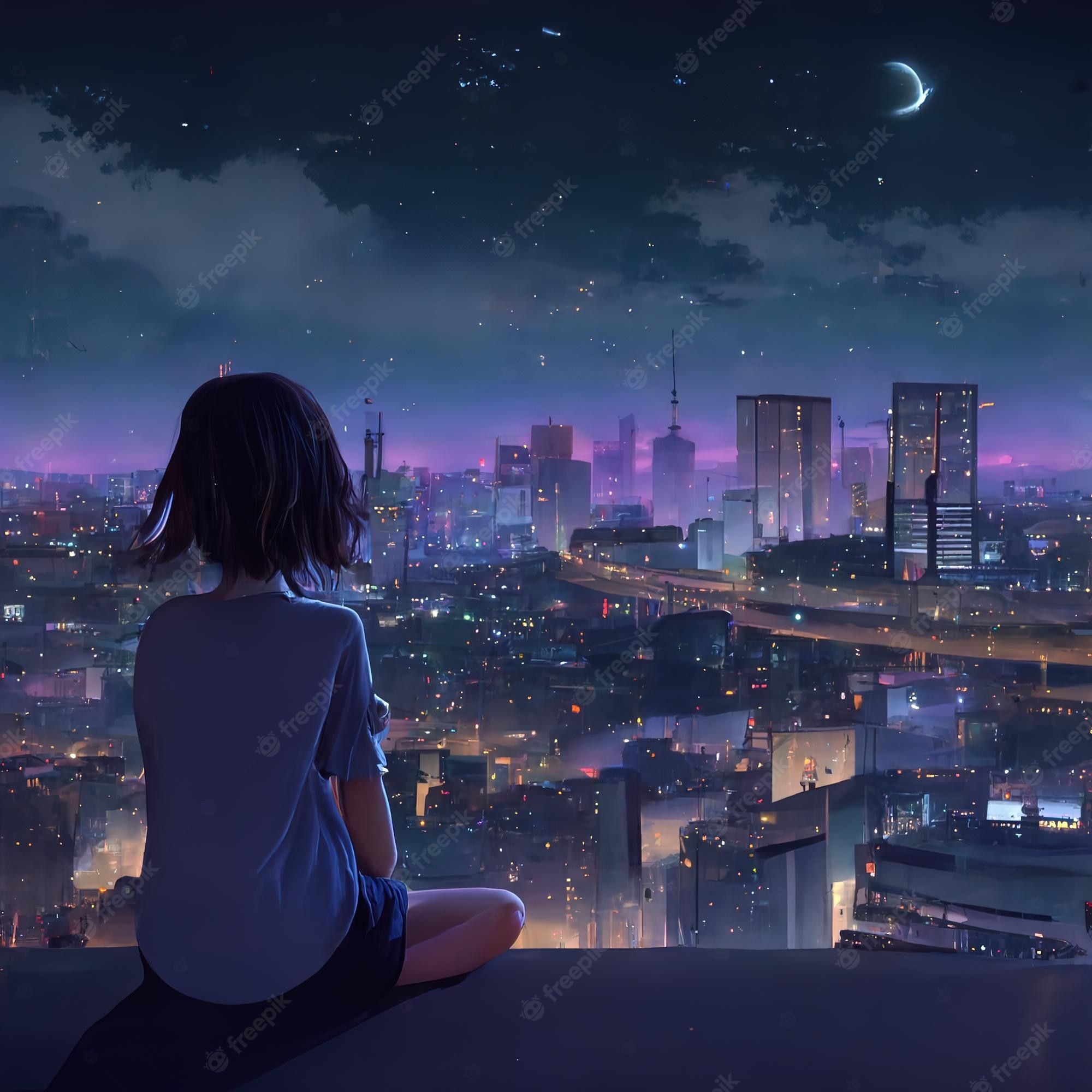 A girl sitting on the edge of her balcony looking at city lights - Lo fi