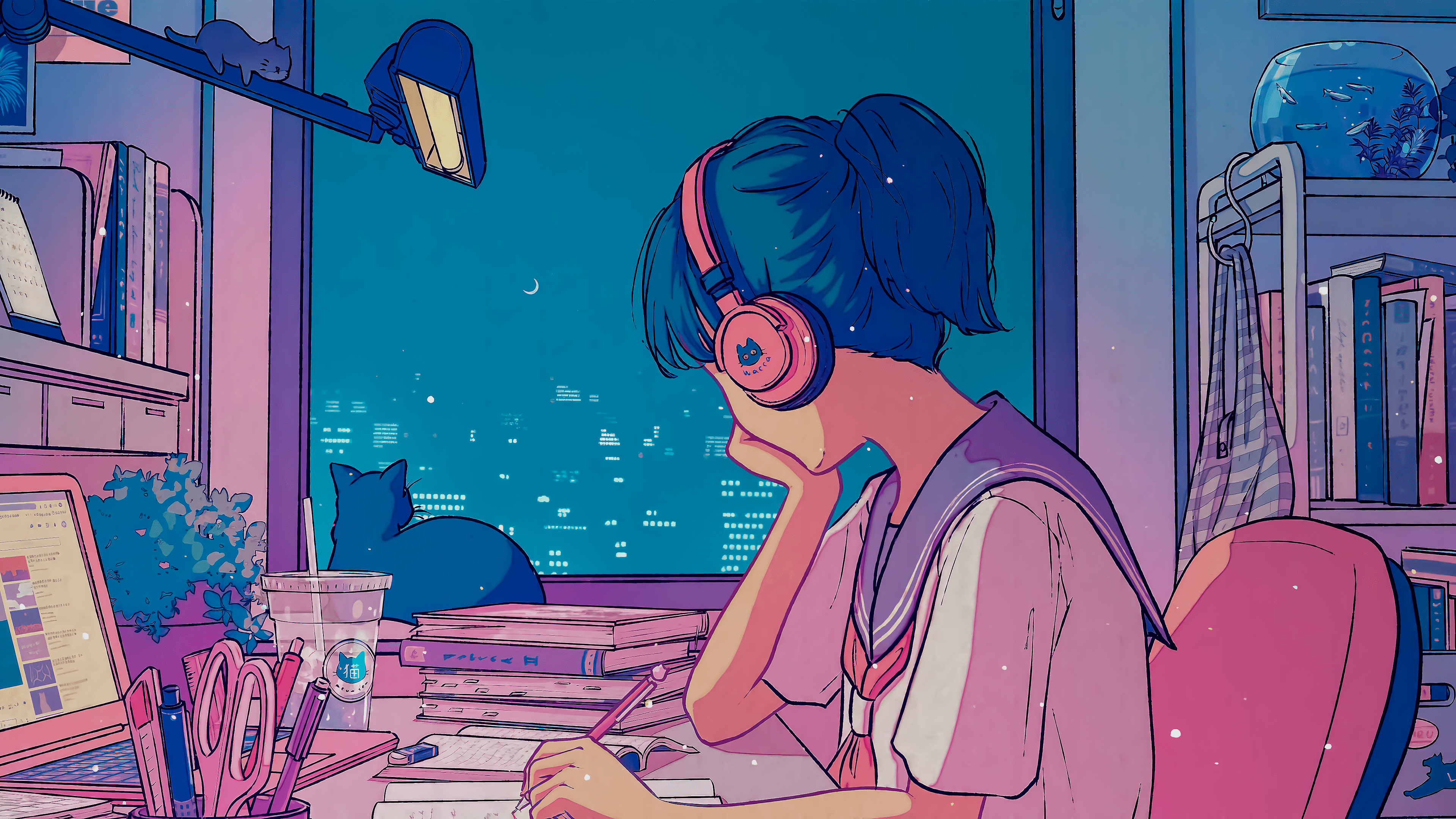 A girl sitting at her desk with headphones on - Lo fi
