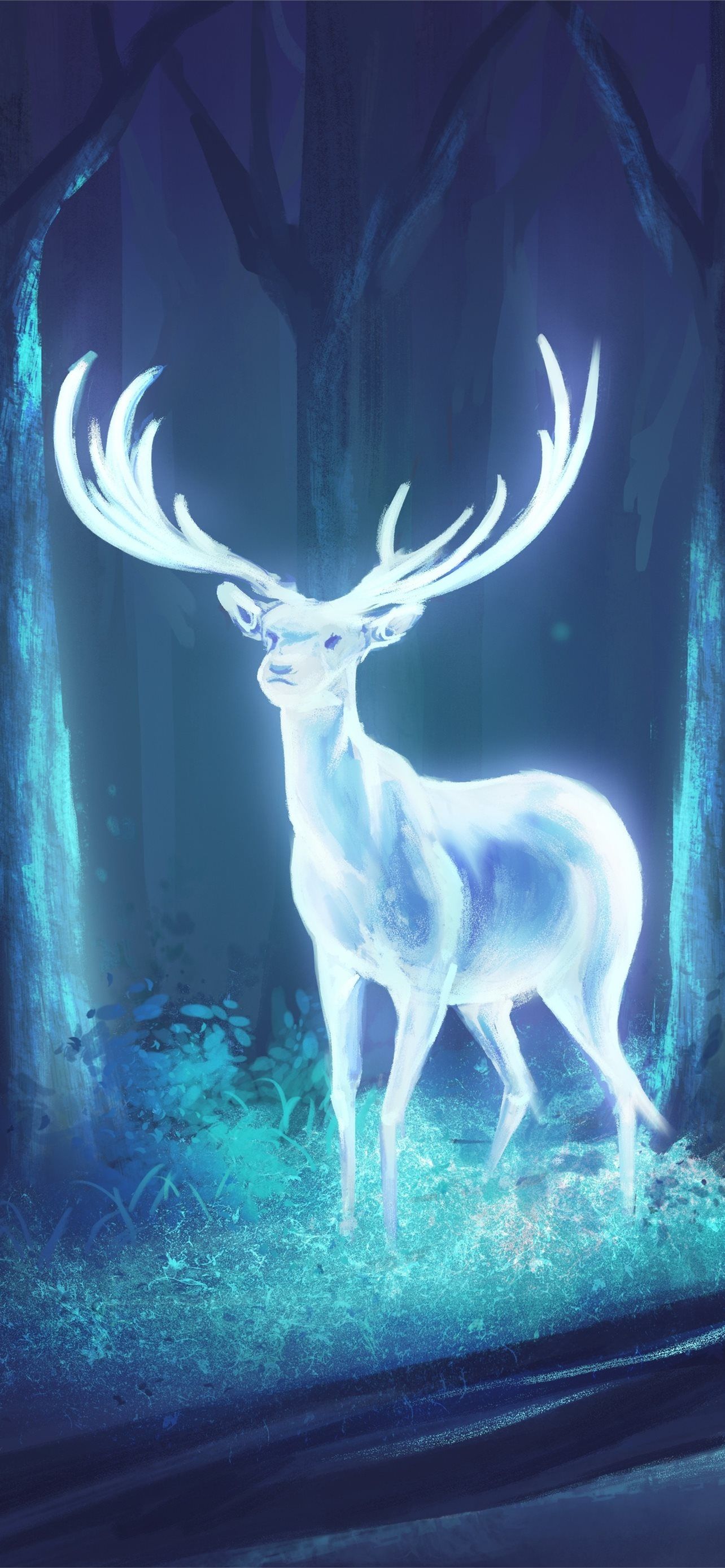 A white stag with antlers glowing blue in the forest - Deer