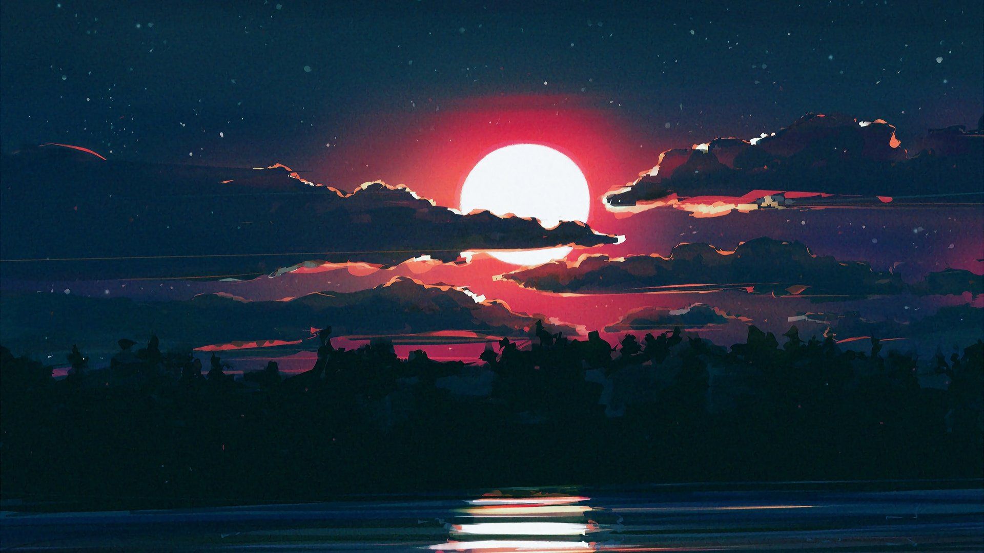 Aesthetic anime sunset wallpaper with a lake - Laptop, 1920x1080