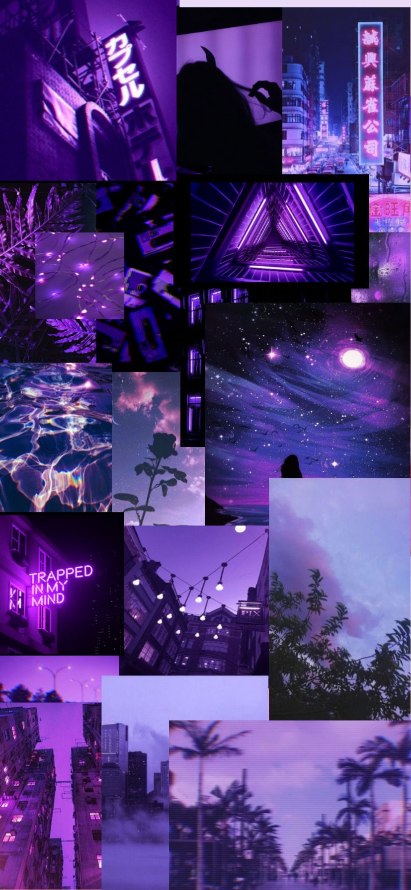 A collage of pictures with purple and blue colors - Neon purple, light purple