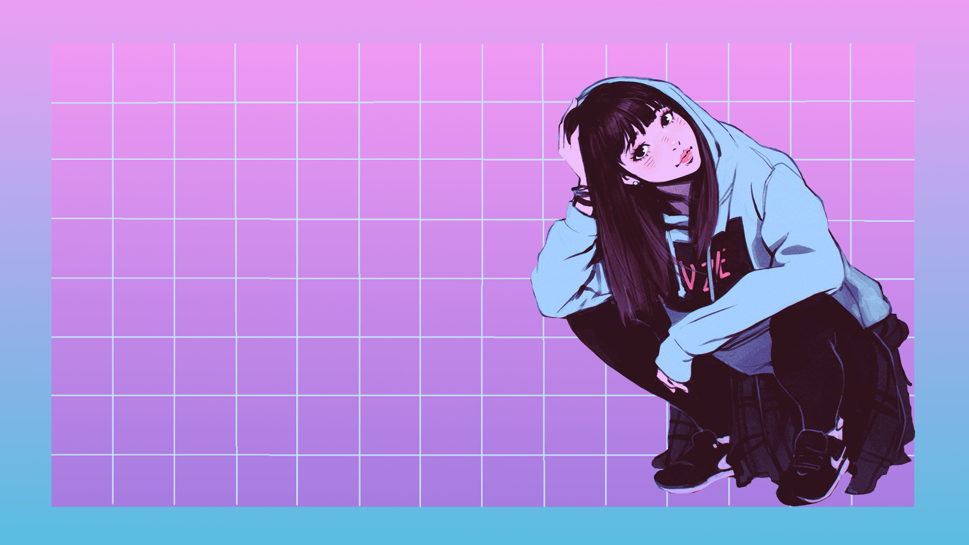 A girl with long black hair crouching down on a purple grid background. She's wearing a blue hoodie and black pants. - Anime girl, anime