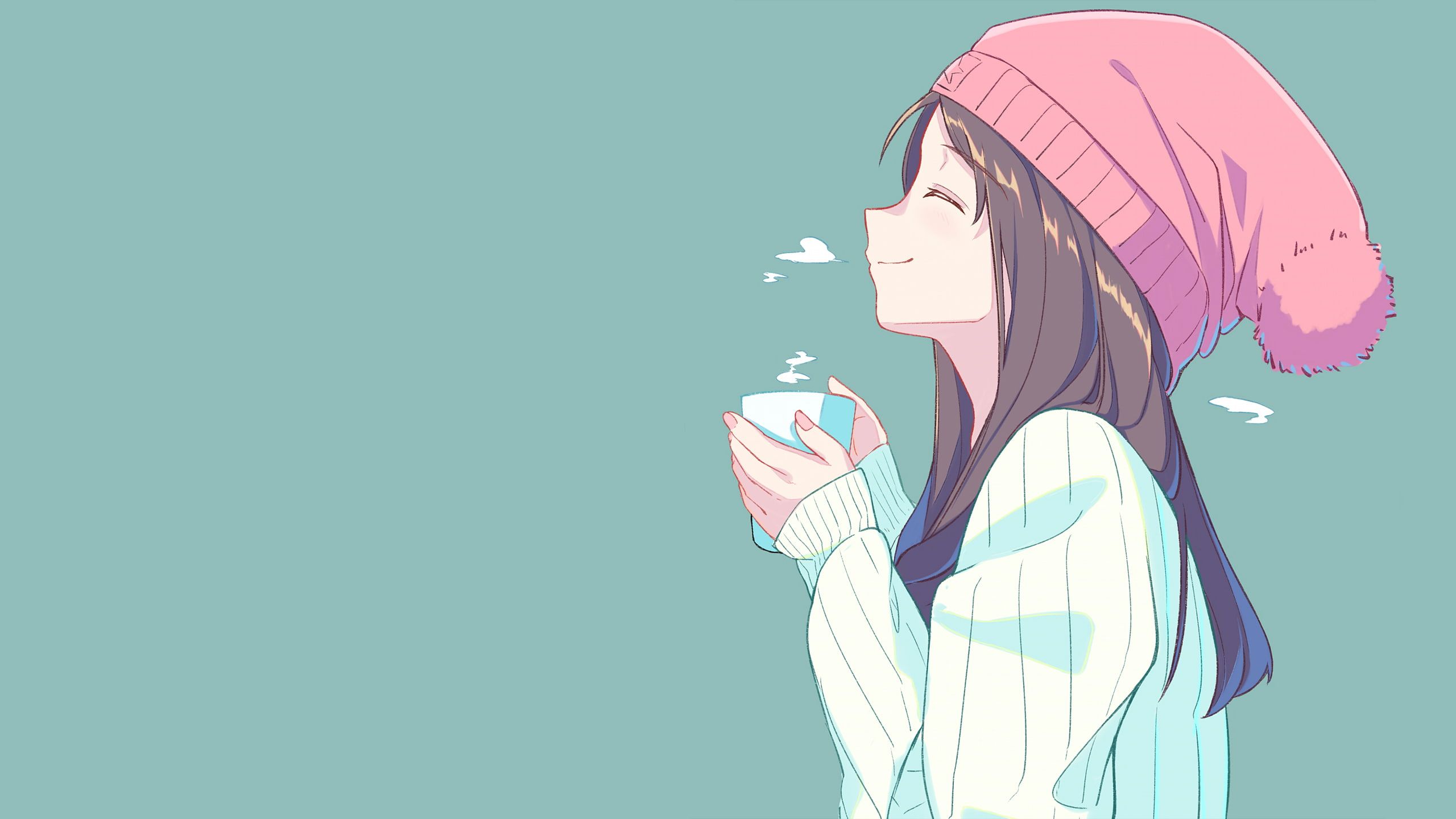 Anime girl in pink hat holding a cup of hot chocolate - Anime girl