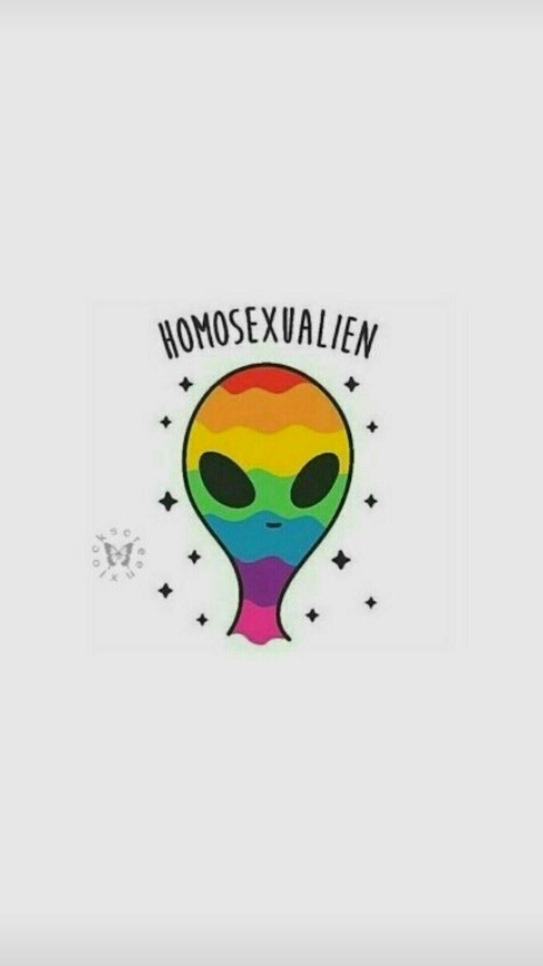 A rainbow colored alien with the word homosexualen - Lesbian, pride