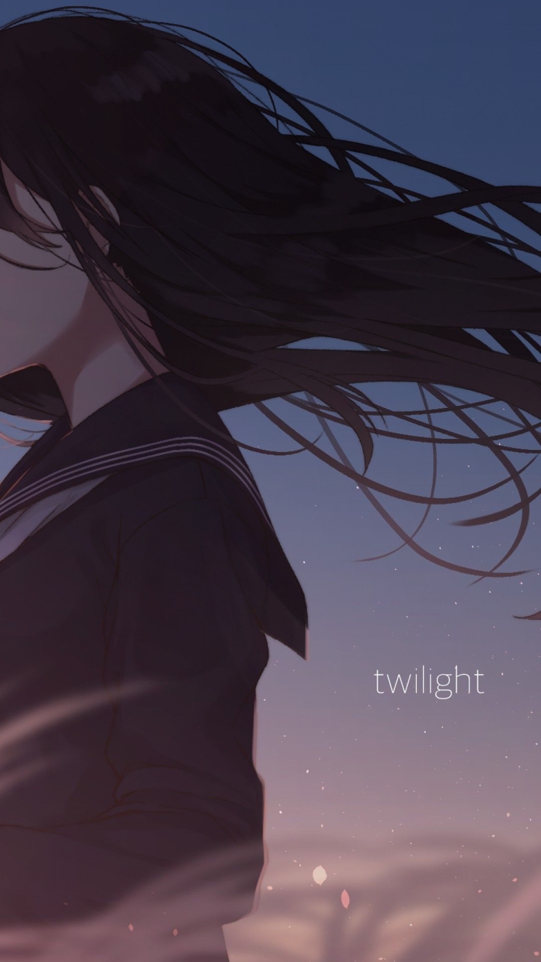 Anime girl with long hair in the wind, twiight background - Anime girl