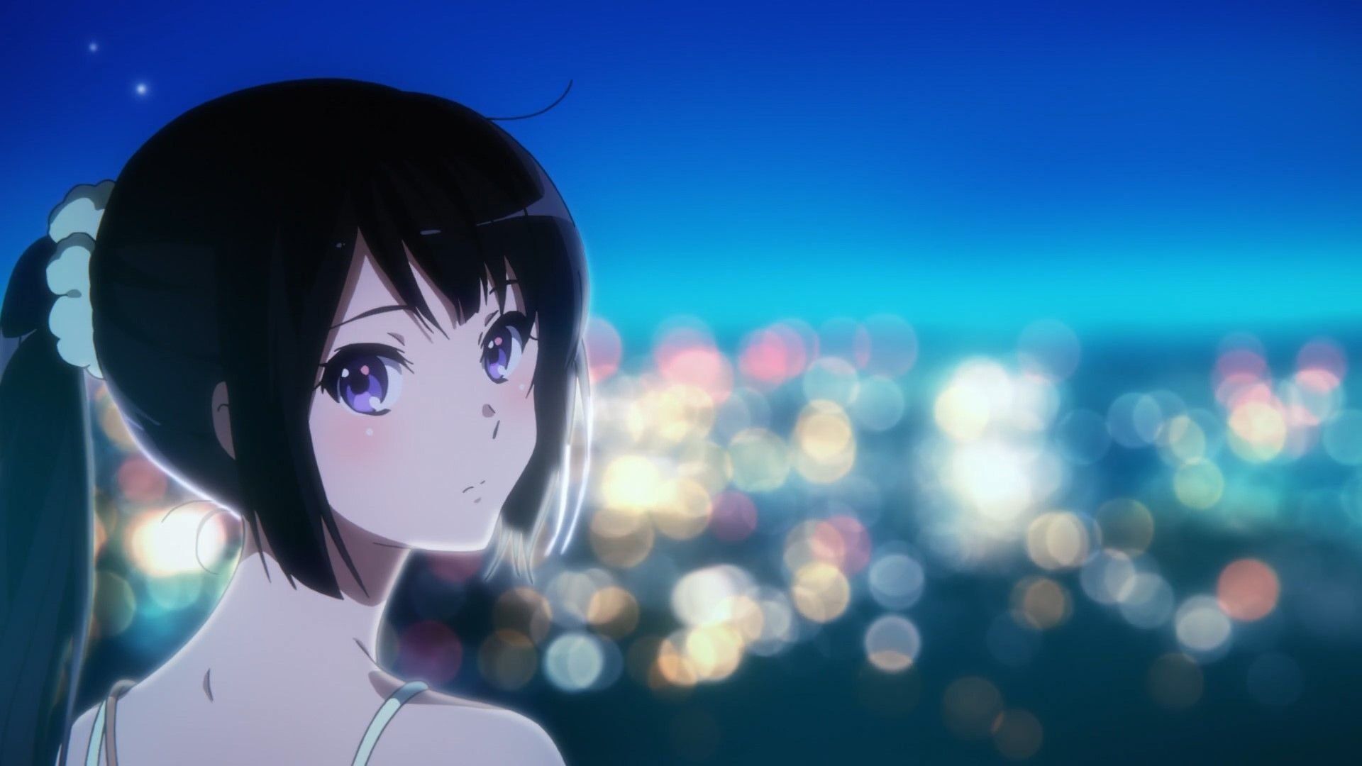Anime girl with long hair looking at the city - Anime girl
