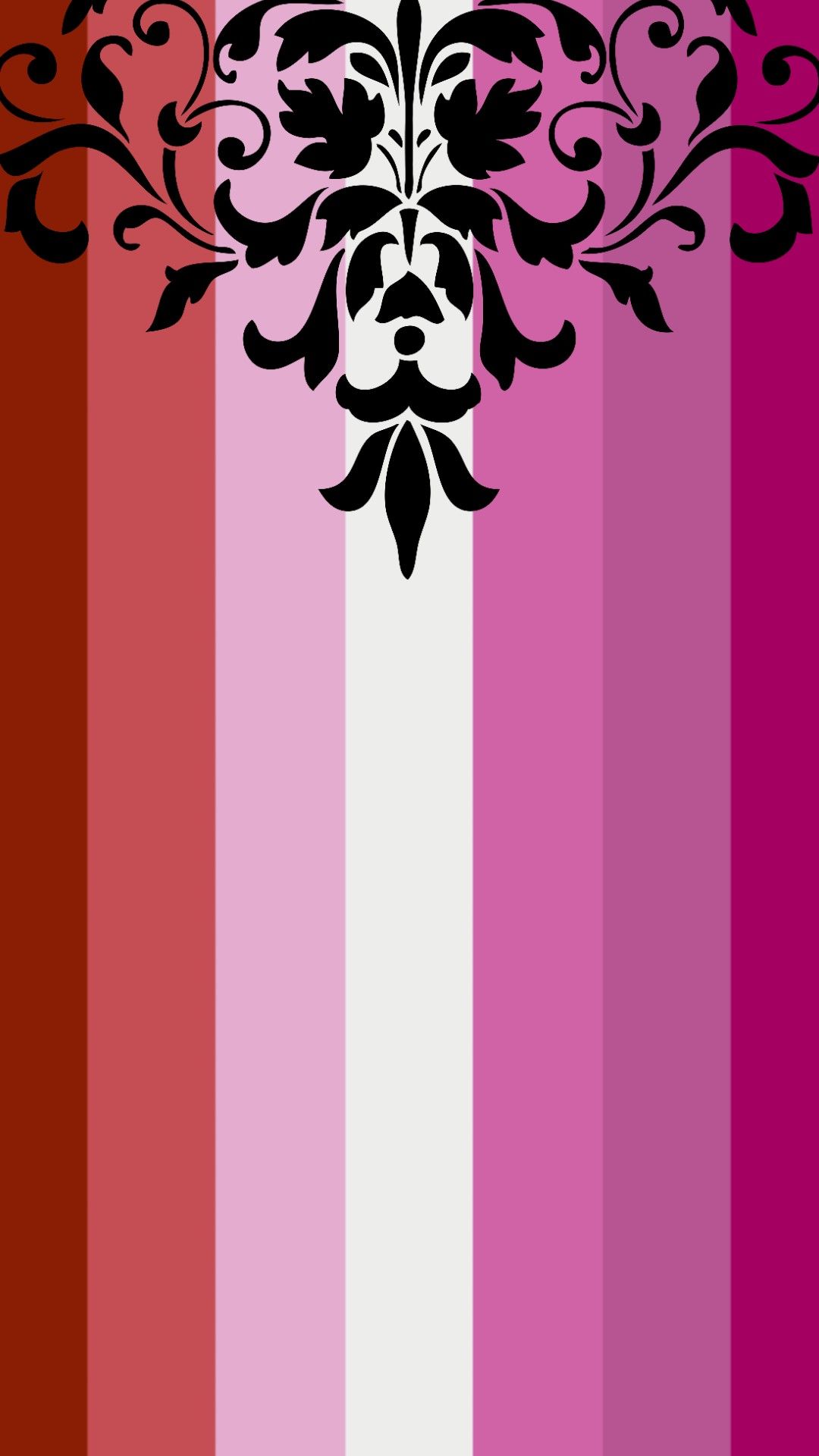 A phone wallpaper with a black floral design on top of a white and pink striped background. - Lesbian