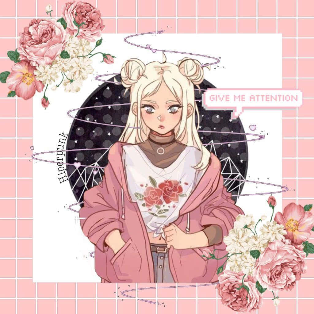 Aesthetic anime girl with blonde hair in pigtails, wearing a white rose printed t-shirt and a pink coat. - Anime girl