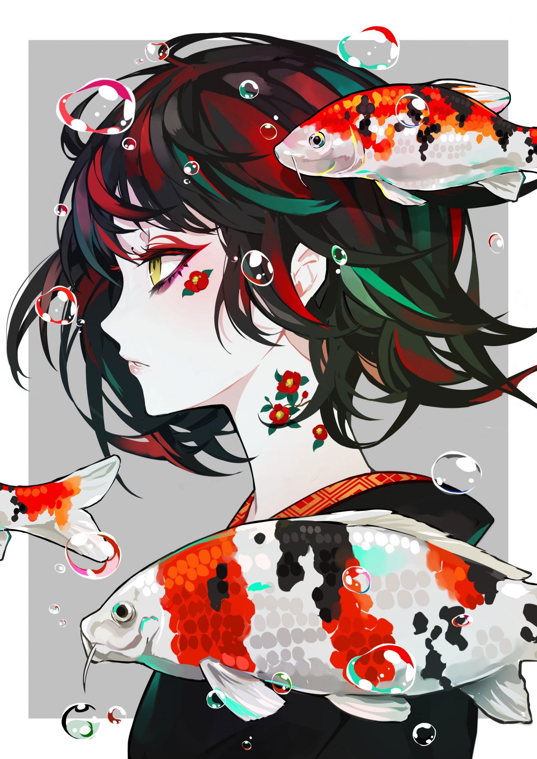 Anime girl with long black hair and a red streak in her hair, surrounded by koi fish - Anime girl