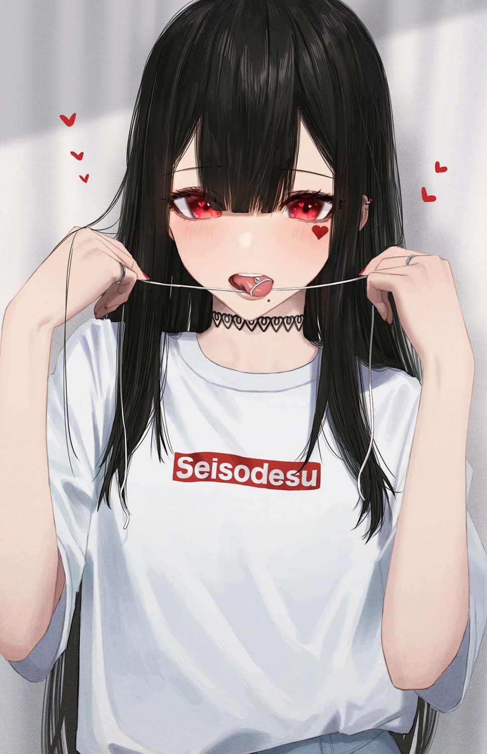Anime girl with red eyes and black hair holding a needle with red hearts - Anime girl