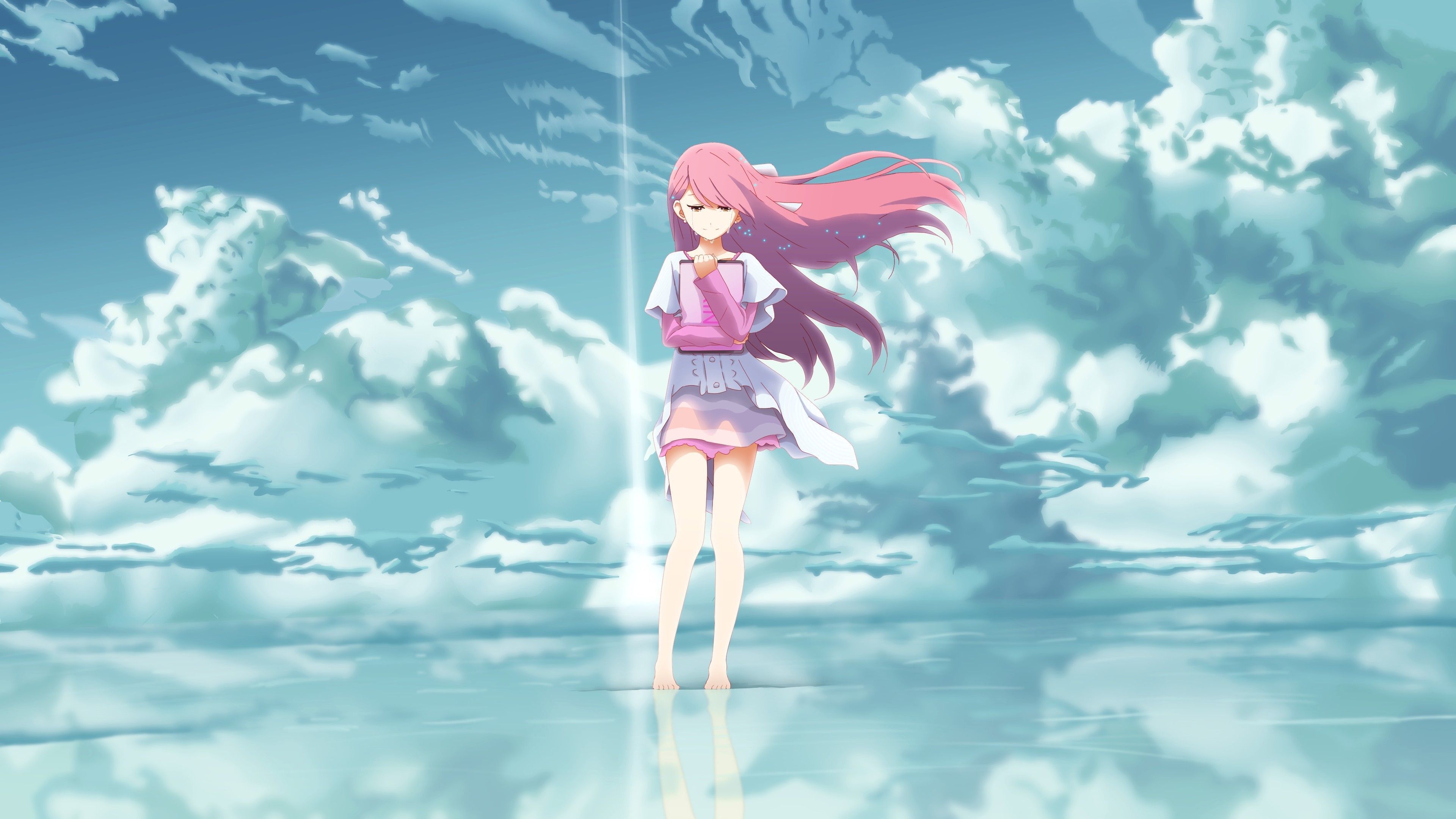 A girl with pink hair is standing in the water - Anime girl, anime