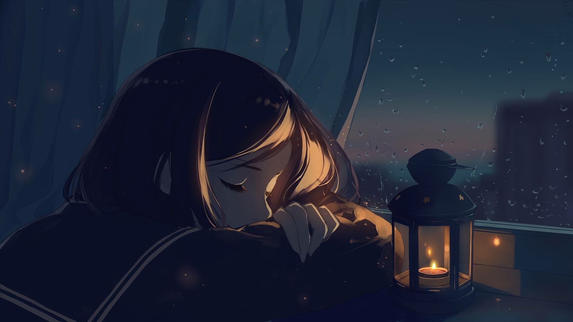 A girl is sleeping next to an open window with candles - Anime girl, dark anime, anime, sad