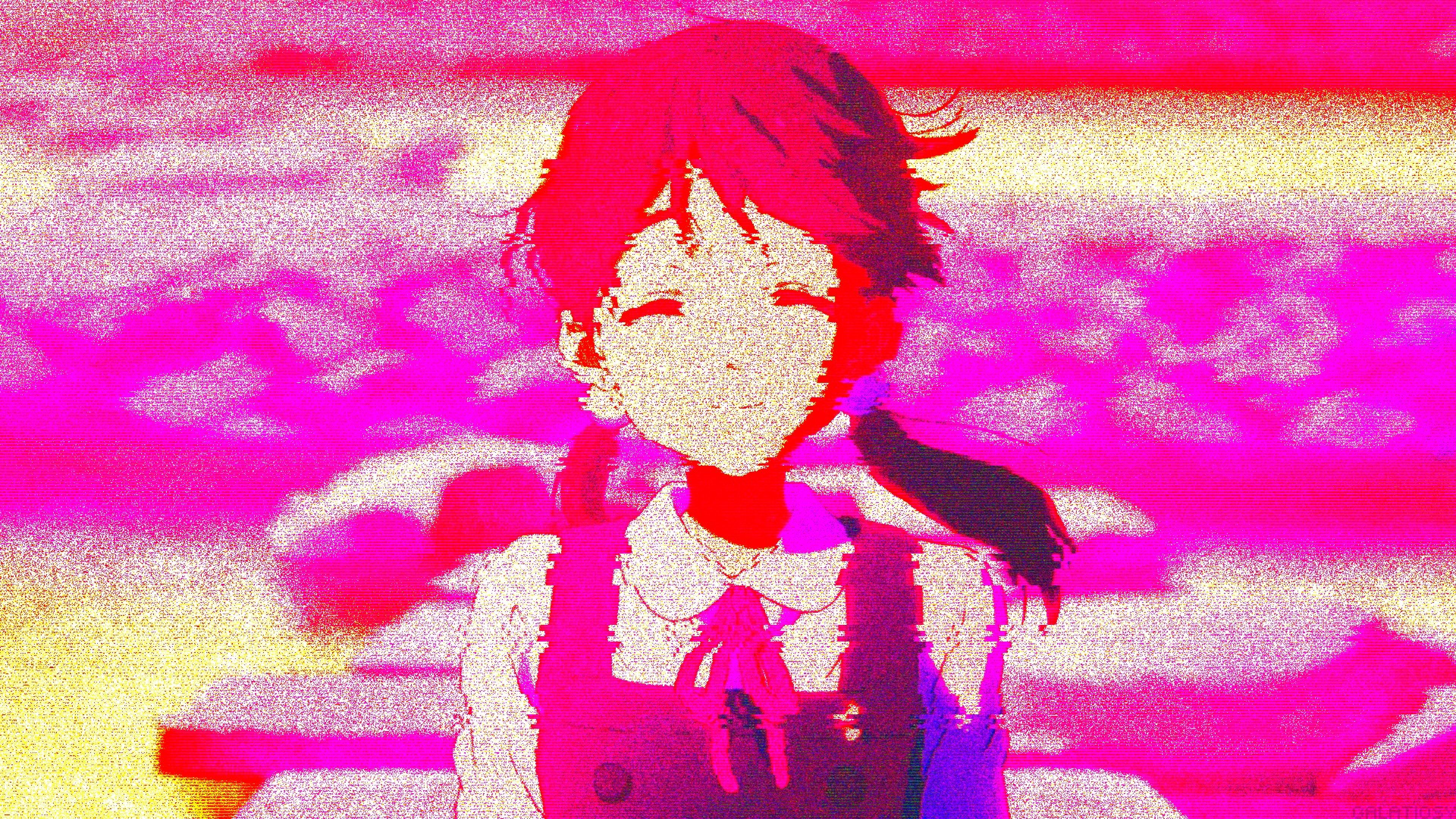 A girl in anime style is standing on the sidewalk - Anime girl, glitch