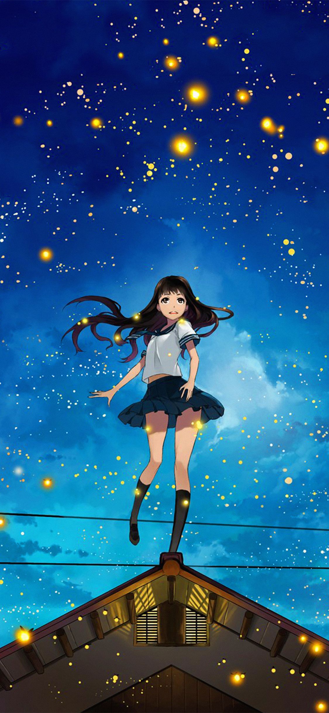 Anime girl standing on top of a building with fireflies - Anime girl