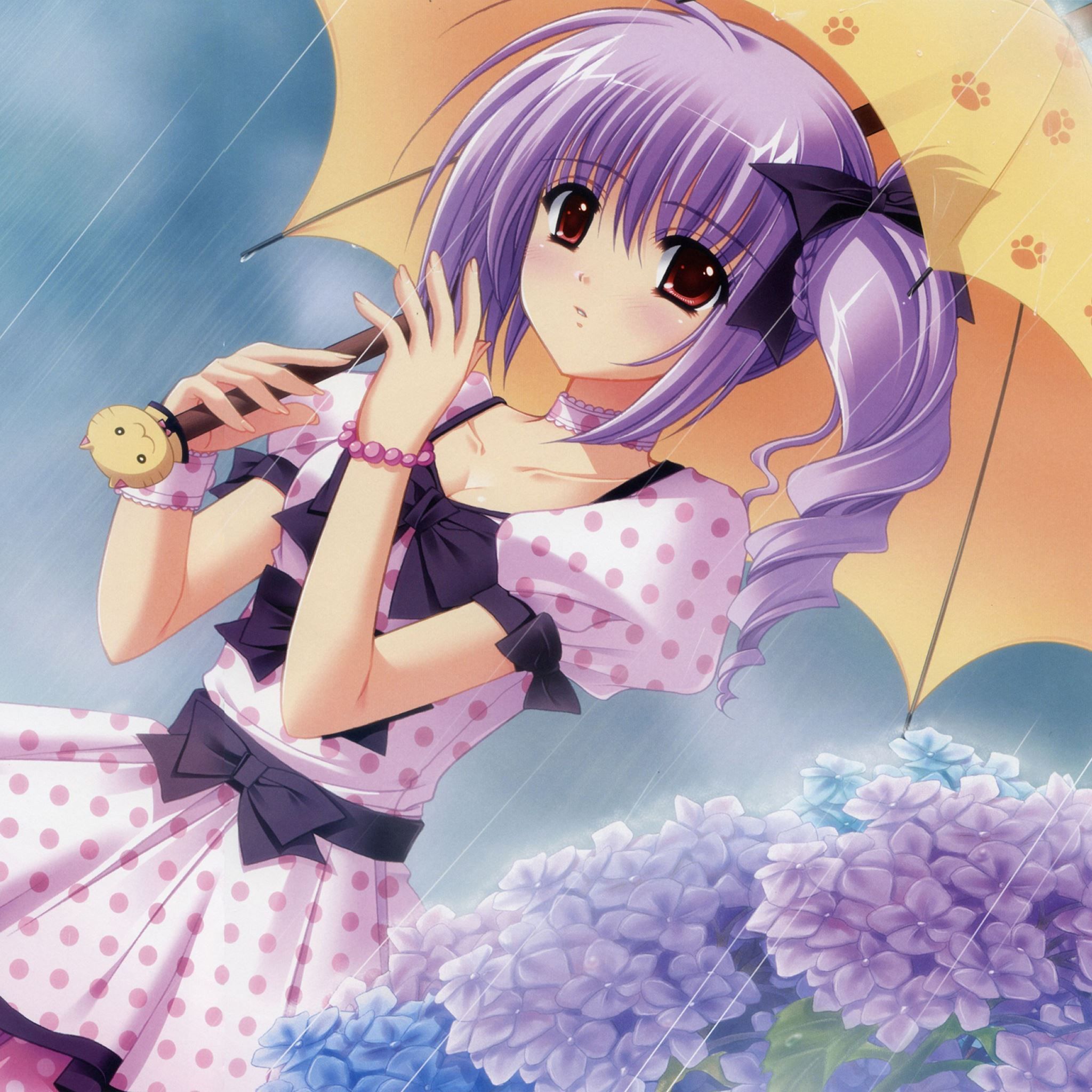 A purple haired anime girl with a cute pink dress holding a yellow umbrella. - Anime girl