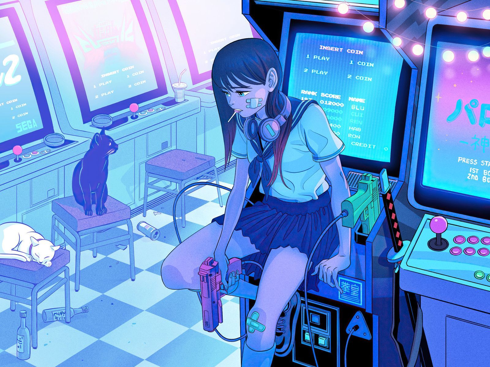 A girl in a school uniform sits on a coin-operated arcade game, holding a pink gun. - Anime girl, gaming