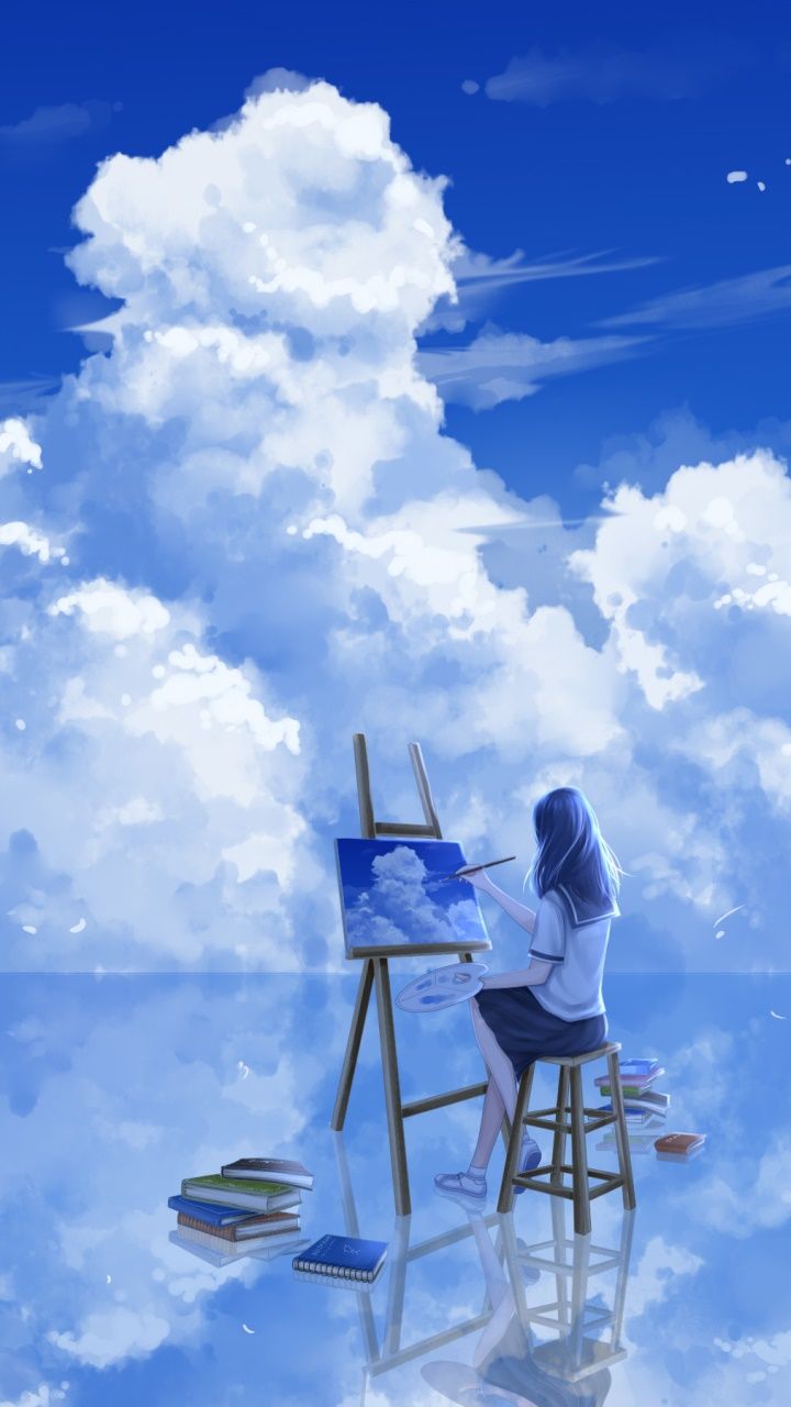 Wallpaper / Anime Girl Phone Wallpaper, Cloud, School Uniform, Reflection, Blue Hair, Painting, 720x1280 free download
