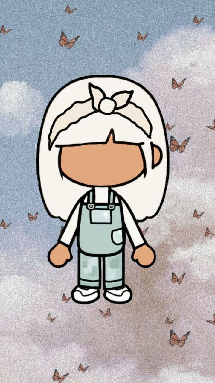 A cartoon girl with white hair and overalls standing in front of clouds - Toca Boca