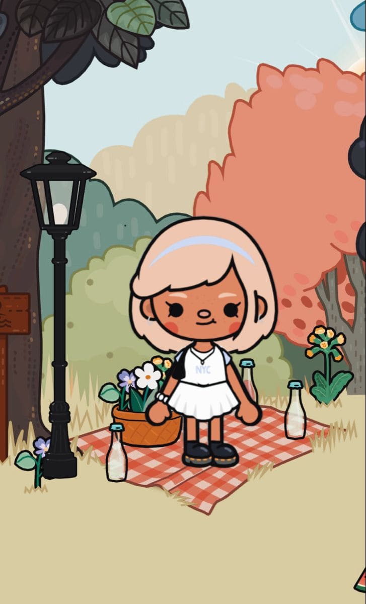 A character from the game ‘Toca Life’ is standing on a picnic blanket holding flowers. - Toca Boca