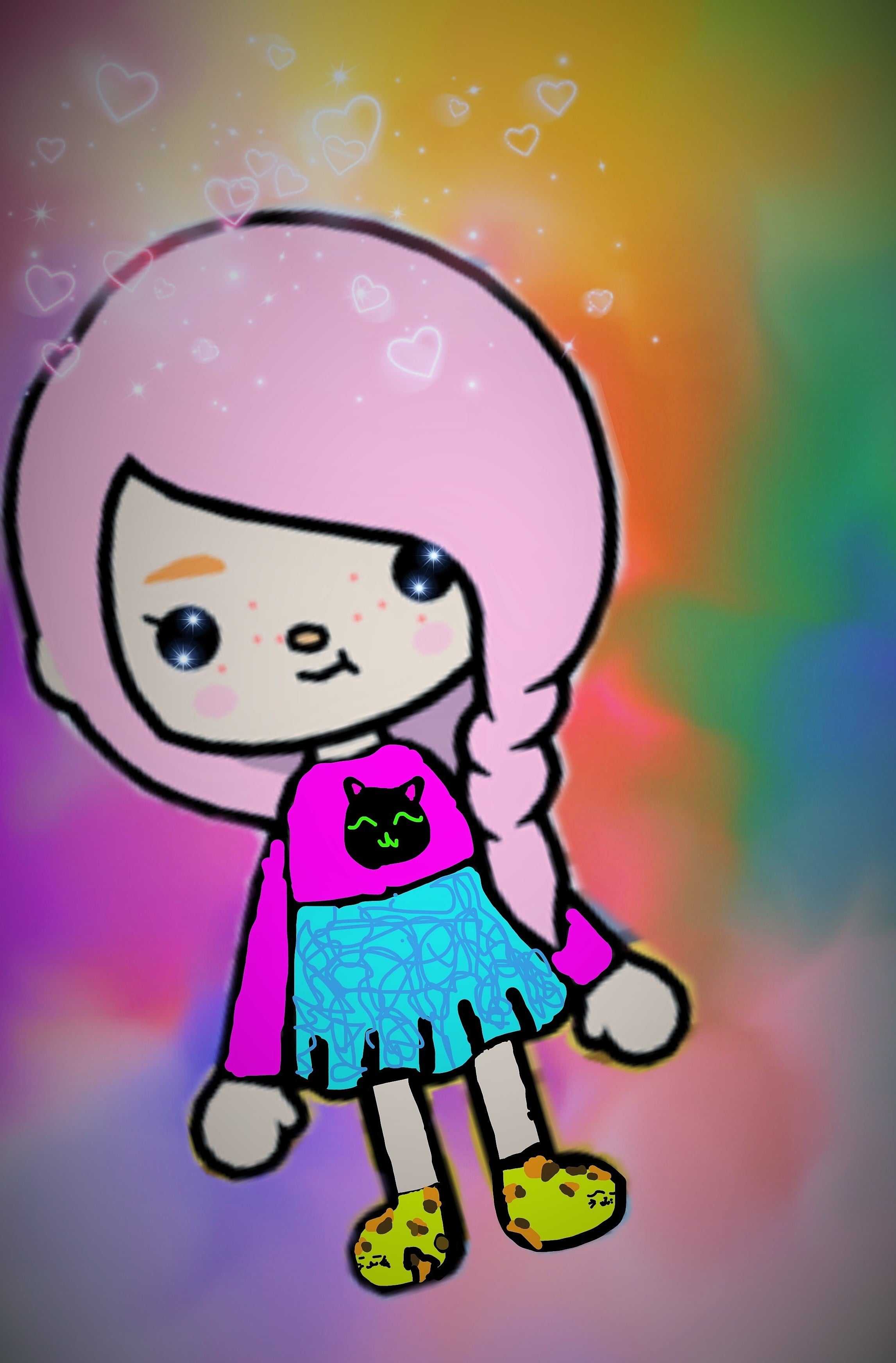 A digital drawing of a pink haired girl with a black cat on her shirt. - Toca Boca