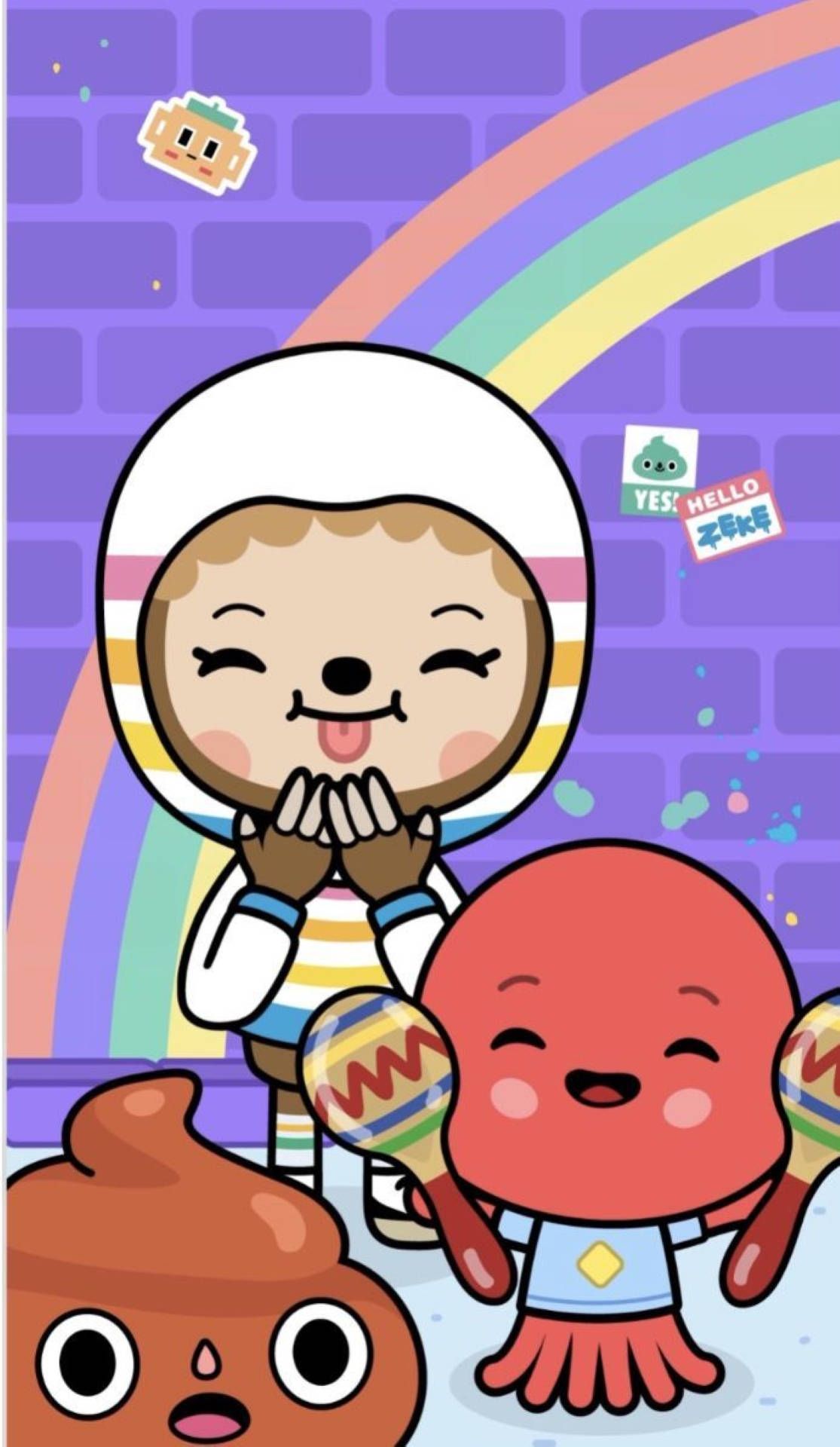 Cartoon wallpaper of a character in a spacesuit with two other characters. - Toca Boca