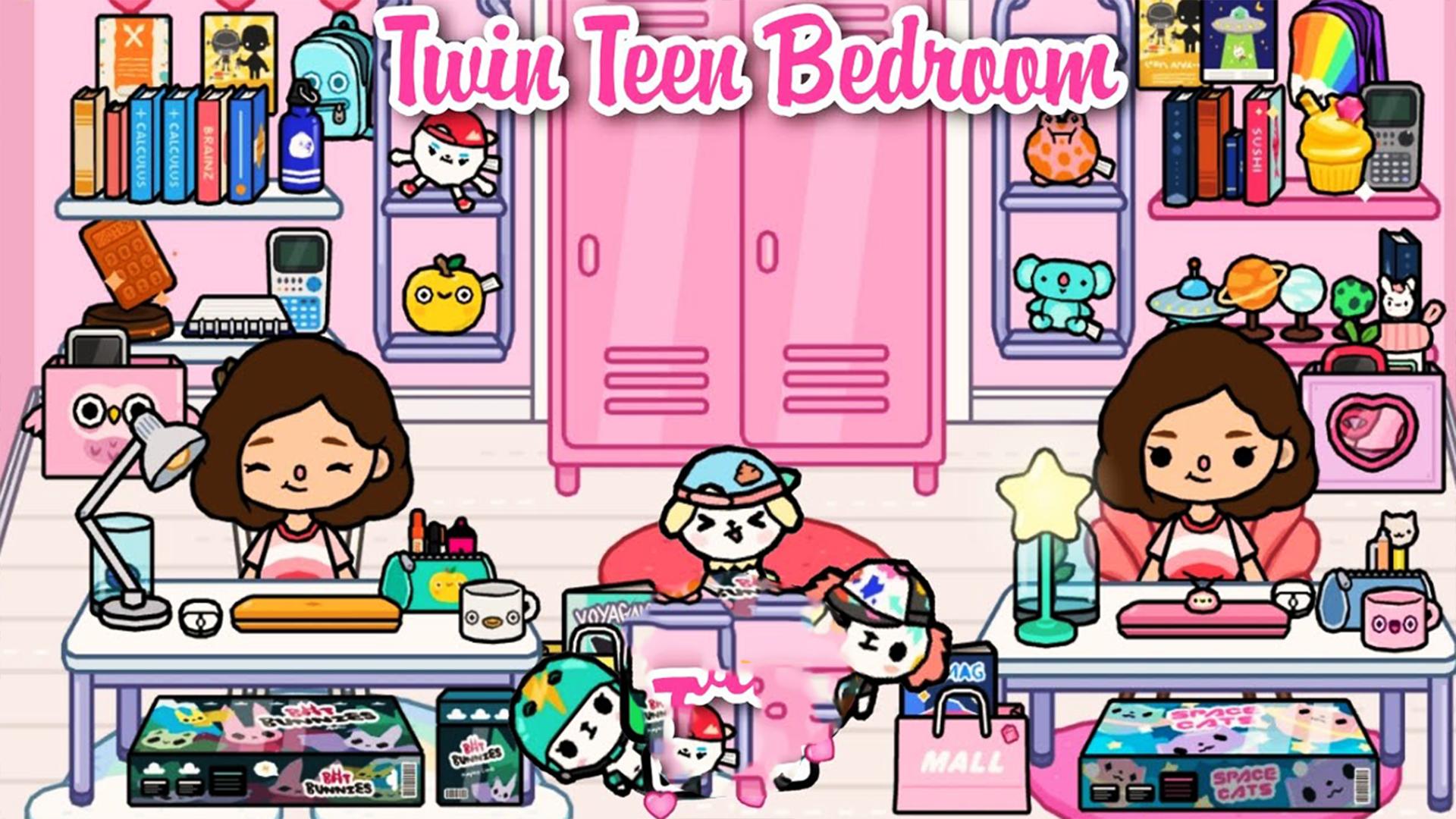 A pink bedroom with a cartoon girl and a cat. - Toca Boca