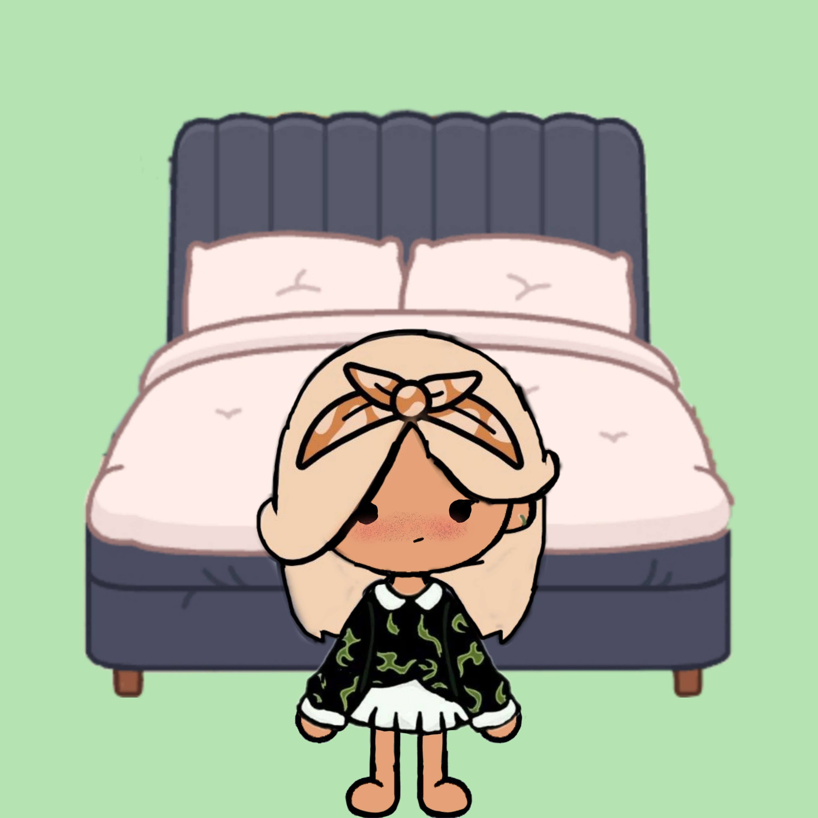 A cartoon girl with blonde hair wearing a black dress with green patterns on it and a white frilly skirt. She is standing in front of a double bed with a light green background. - Toca Boca