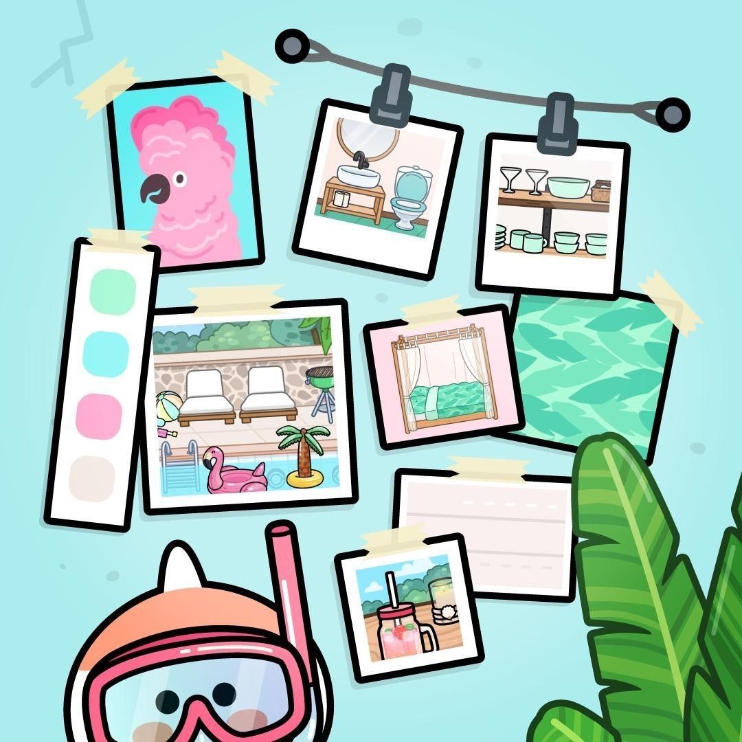 A cartoon image of a pink and blue snorkeling mask, with a string of polaroid pictures hanging above it. The pictures show a pink cockatoo, a bathroom with a shower, a bedroom, a living room with a couch, a bedroom with a bed, a bathroom with a sink and a shower, a bedroom with a window, a bedroom with a potted palm, and a bedroom with a bed and a desk. - Toca Boca