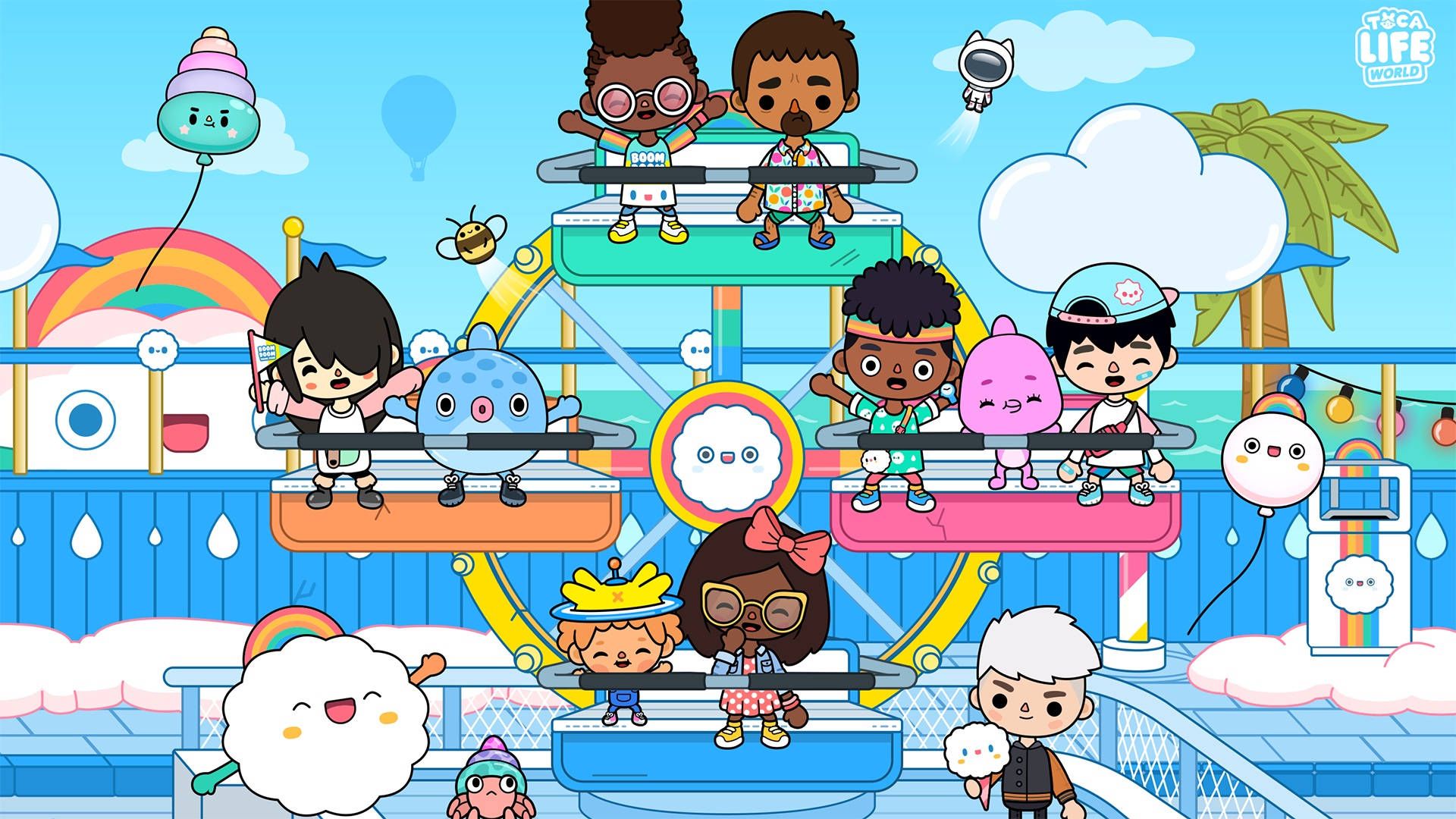 Characters on a Ferris wheel in a virtual world - Toca Boca