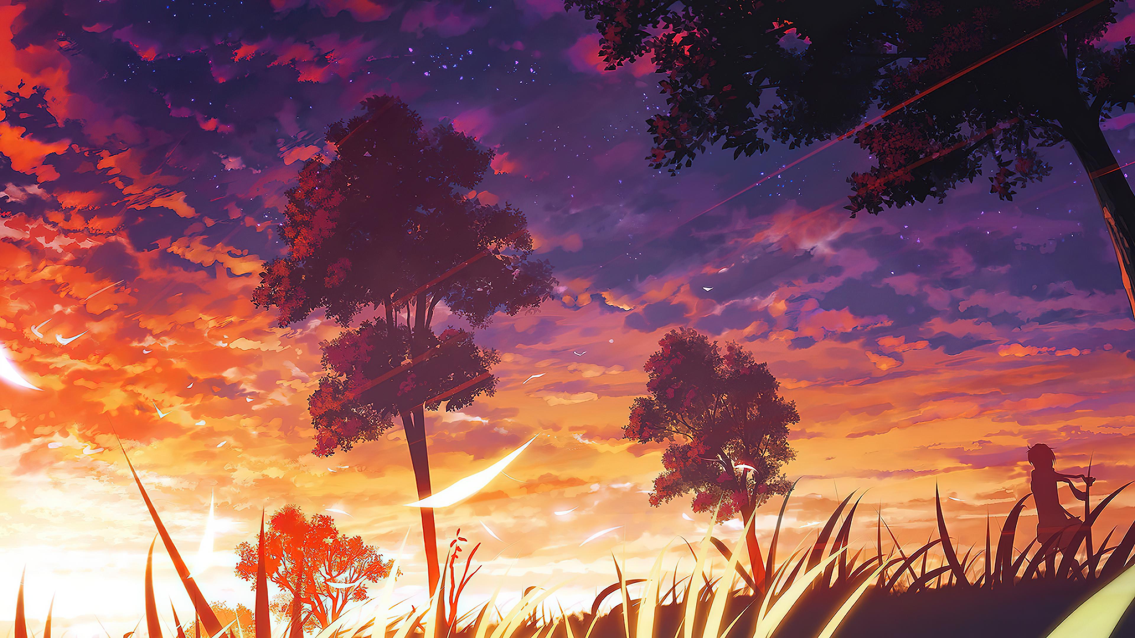 A sunset scene with trees and grass - Anime sunset