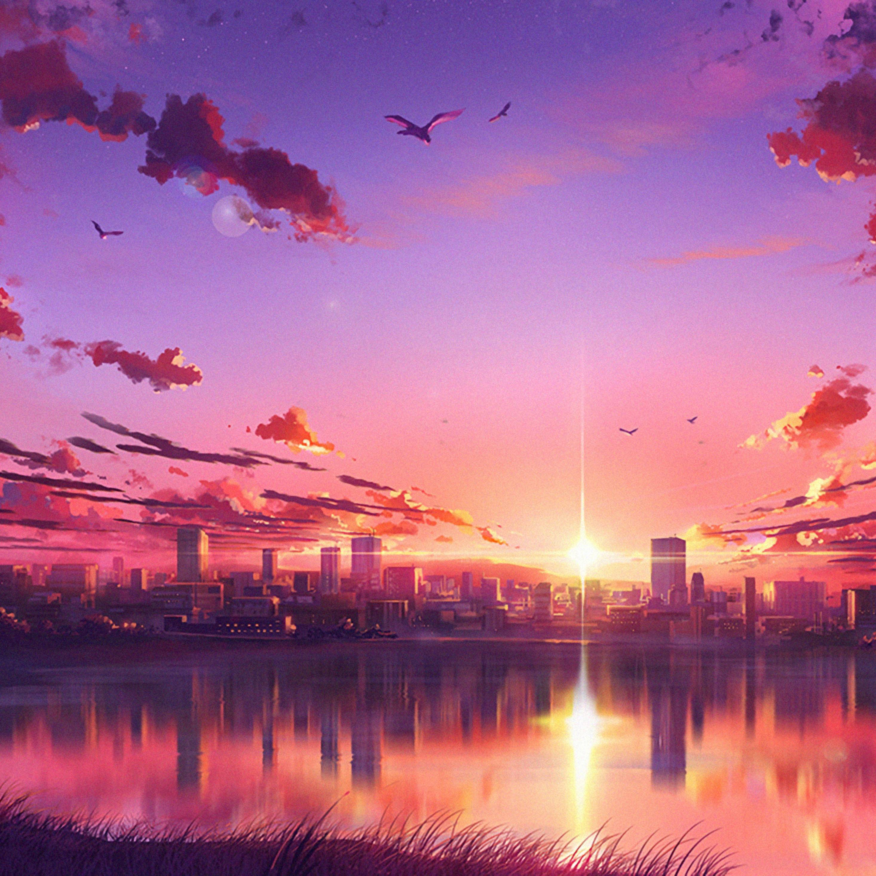 A pink and purple sunset over a city - Anime sunset, sunset