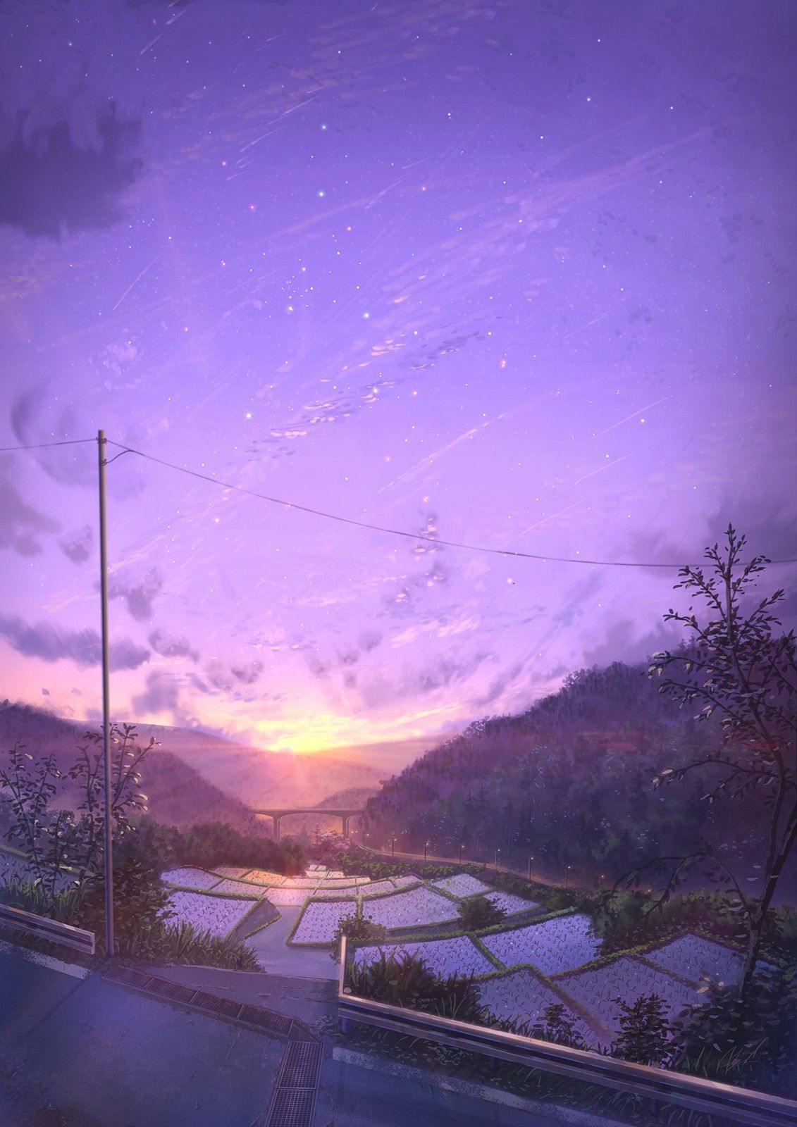 Aesthetic anime scenery wallpaper for phone. A purple sky with stars, the sun rising in the distance, and a field of rice. - Anime sunset, anime