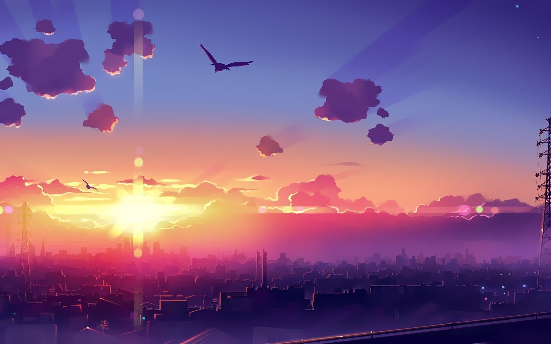 A sunset with clouds and birds in the sky - Anime sunset