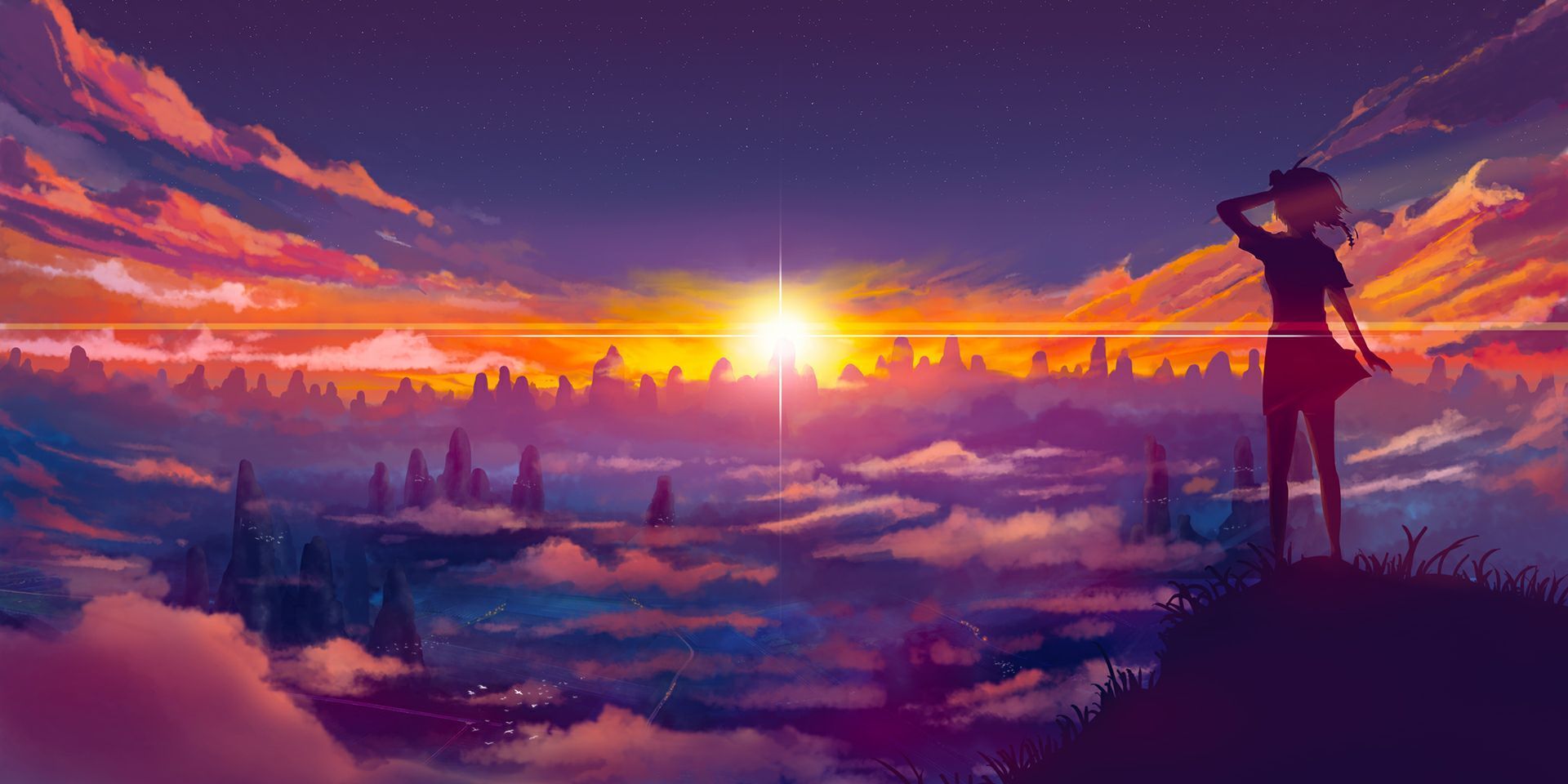 Anime girl looking at the sunset over the city wallpaper background - Anime sunset