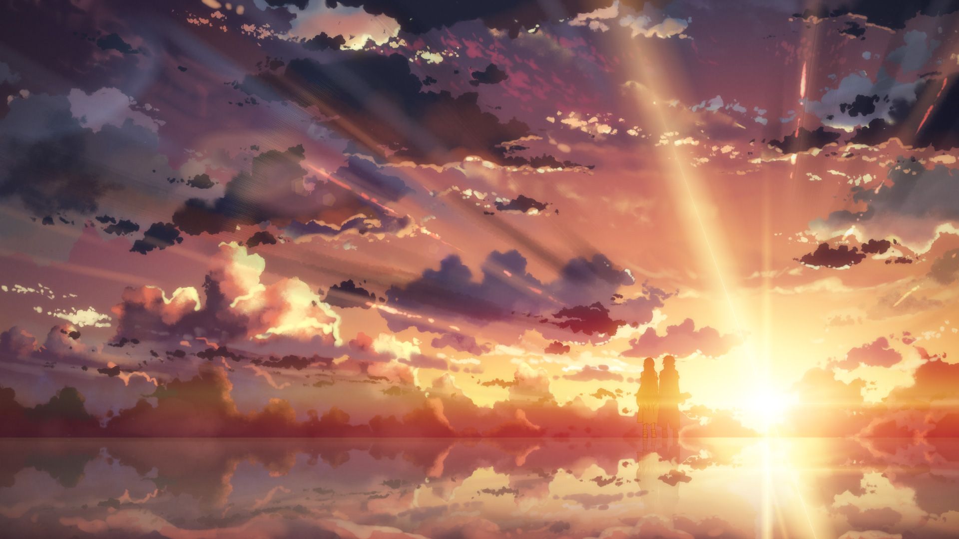 A sunset over the water with clouds in it - Anime sunset