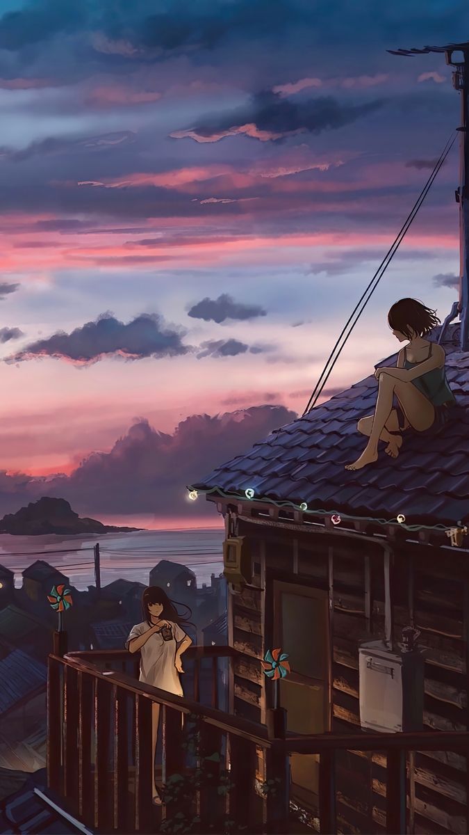A painting of two people sitting on the roof - Anime sunset