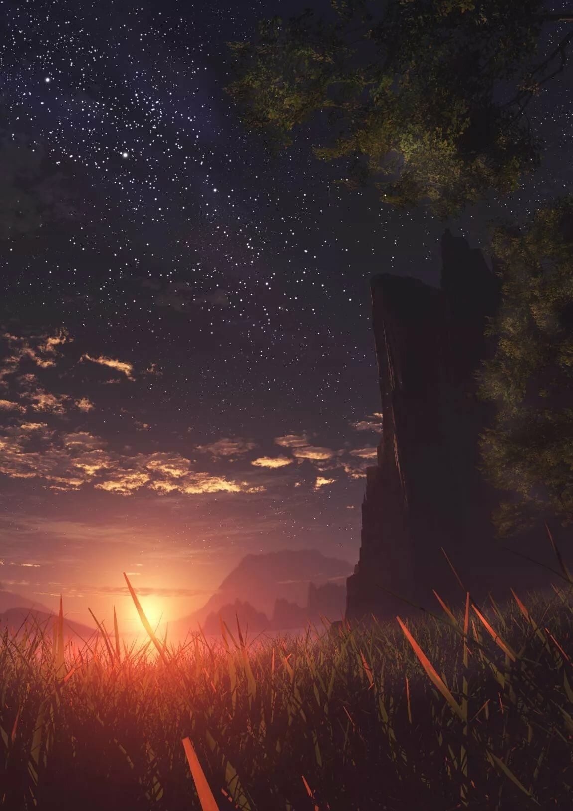 A sunset over a grassy field with a tree and a castle in the distance. - Anime sunset