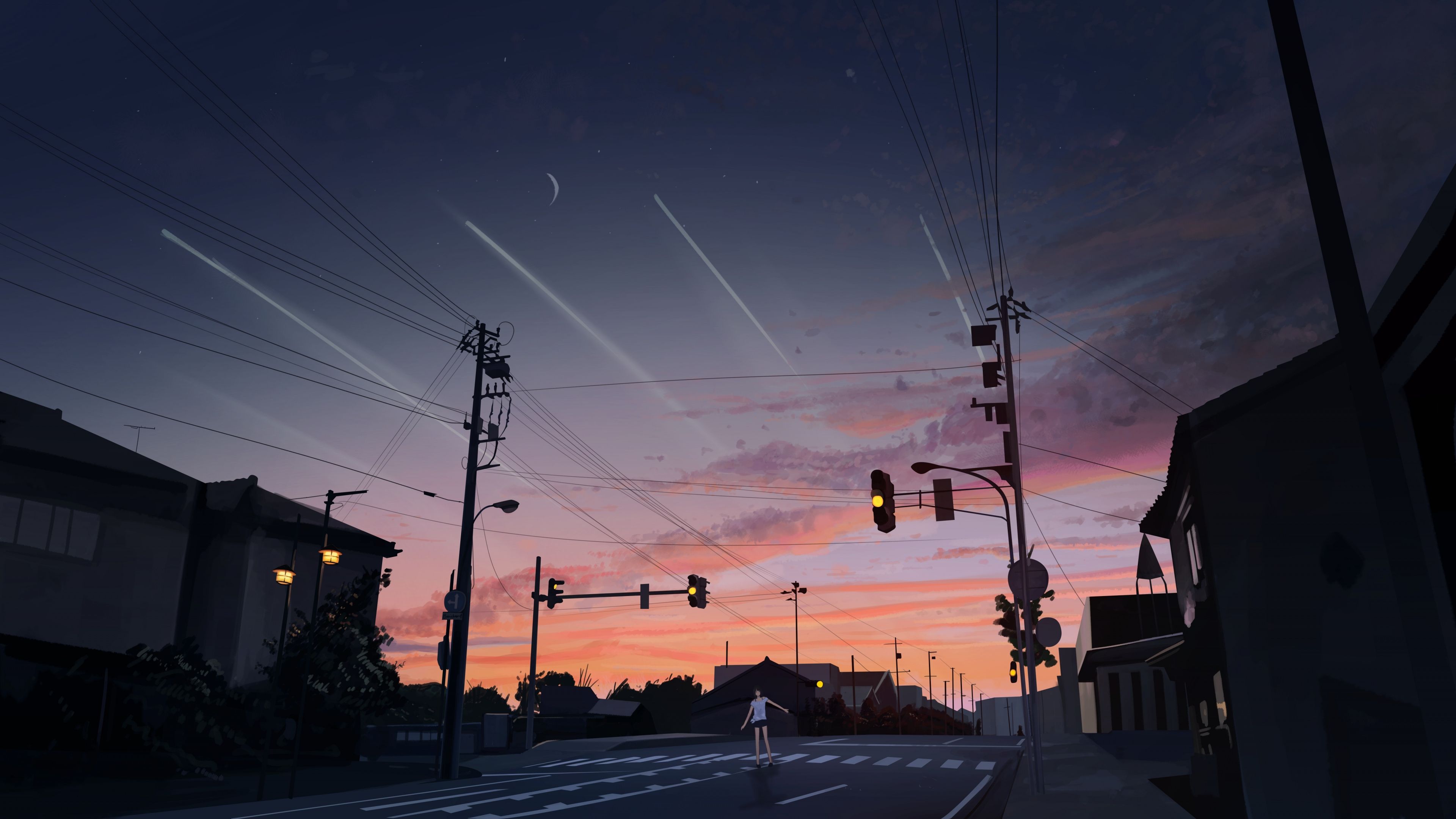 A 2d animated scene of a person crossing the street at sunset - Anime sunset